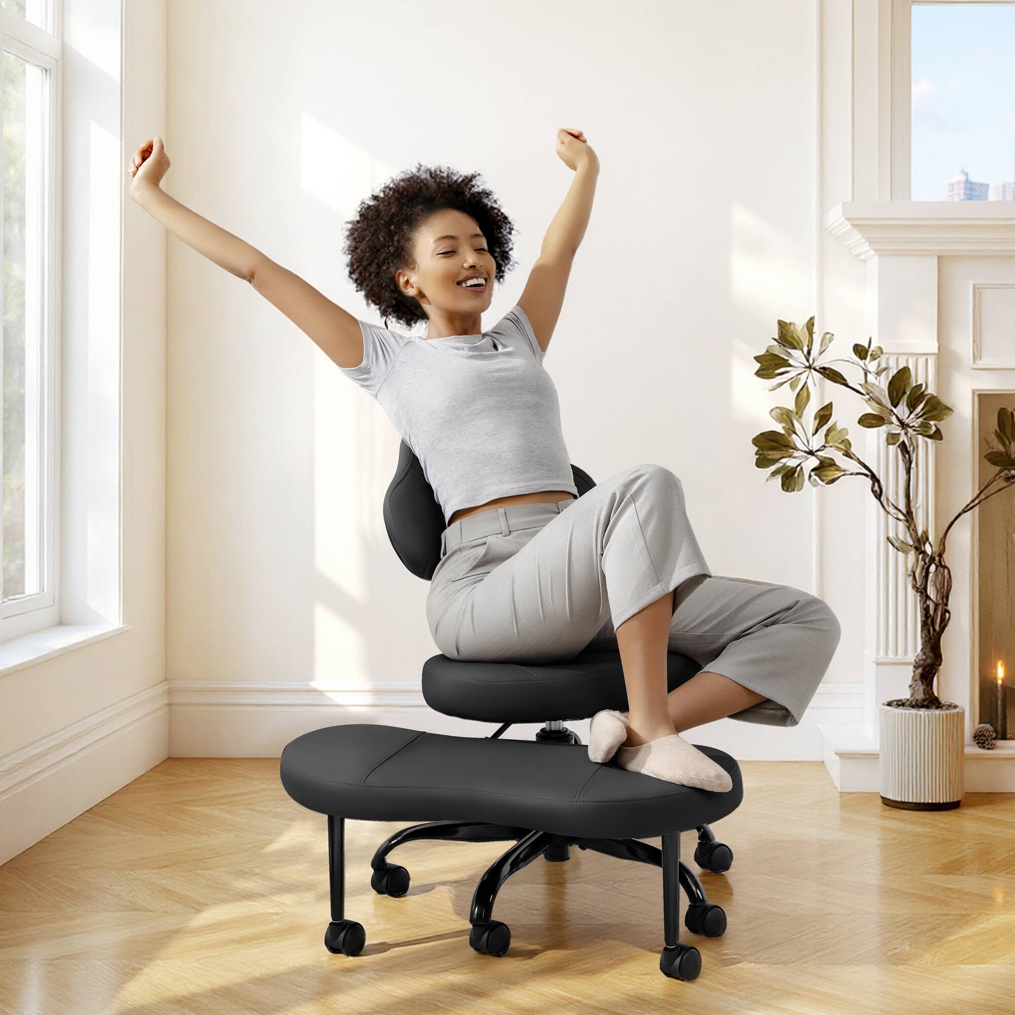 Front. Brick Attic - Cross Legged Office Chair, ADHD Meditation Yoga Chair with Back Support, Adjustable Ergonomic Kneeling Chair - Black.