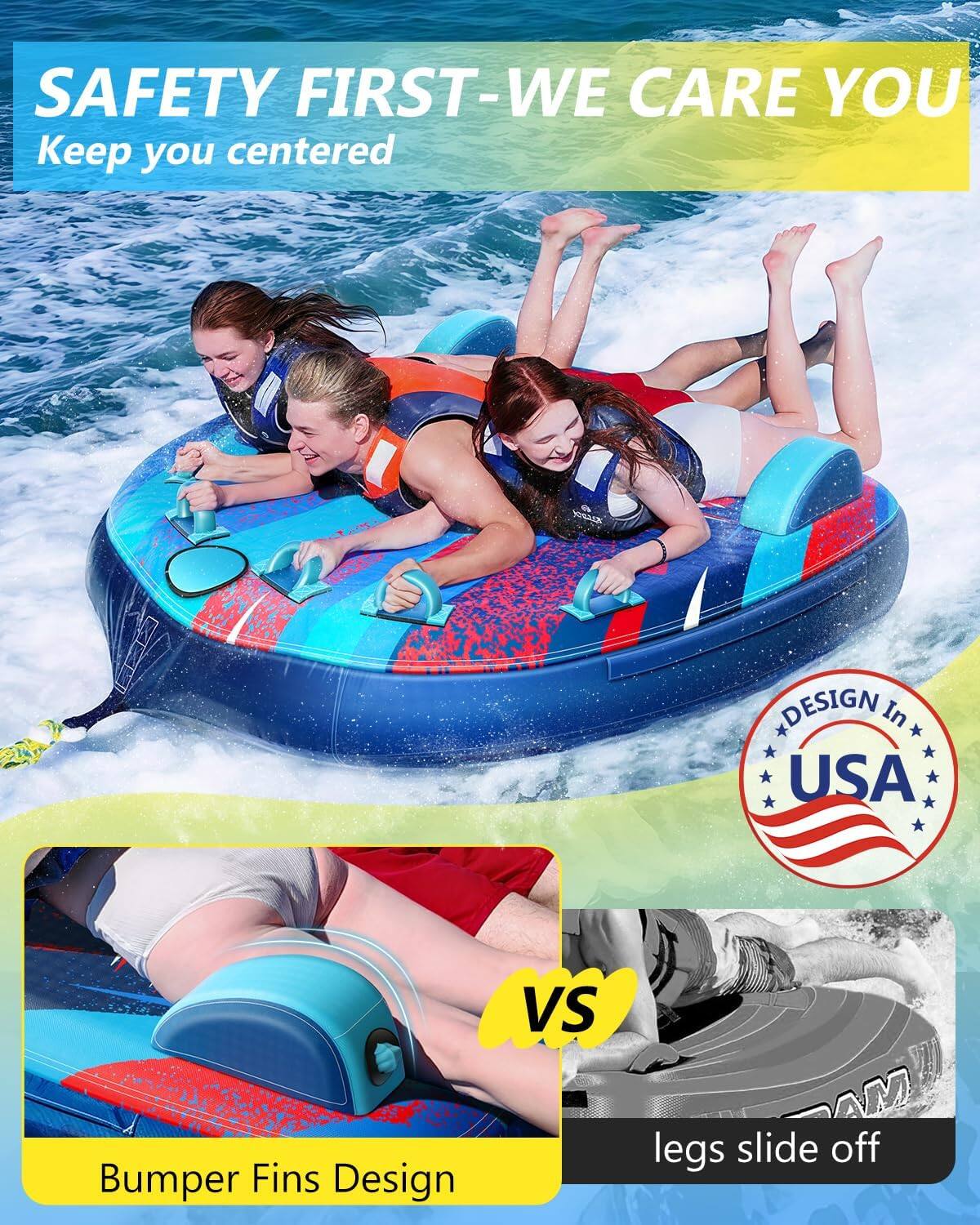 SAFETY FIRST-WE CARE YOU
Keep you centered

DESIGN IN USA

Bumper Fins Design VS legs slide off