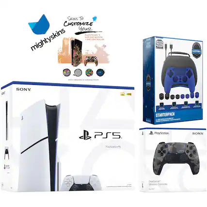 **mighty skins**
**Skins To Customize Your PlayStation 3 Slim Disc Edition**
- One Controller
**Many Designs To Choose From!**
**SONY**
**PlayStation 5**
**4K HDR**
**PlayStation 5**
**DualSense Wireless Controller**
**For PS5**
**STARTERPACK**
- 1 DualSense Wireless Controller
- 1 Charging Station
- 1 Headset
- 1 USB Cable
**PlayStation 5**
**SONY**
