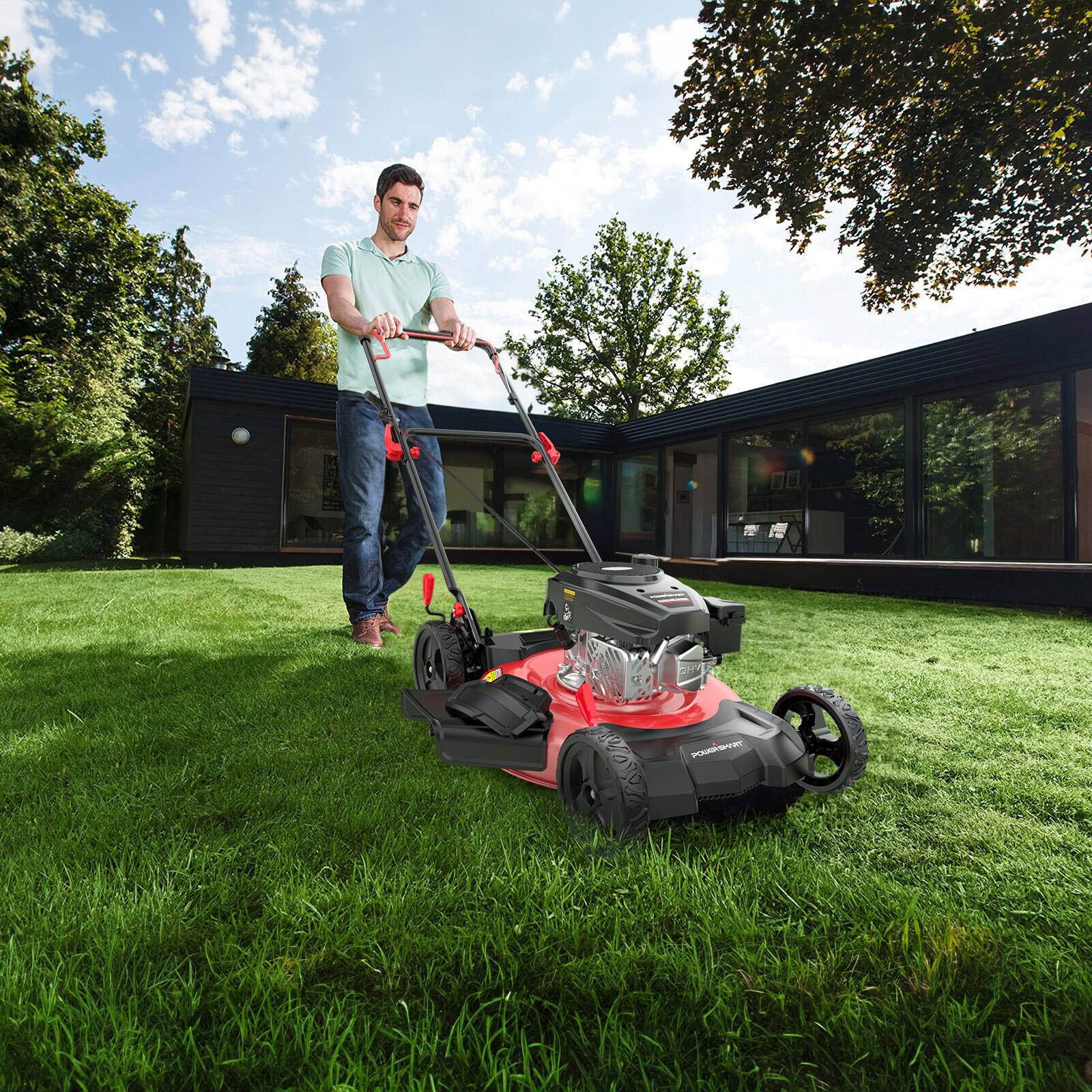 Alt View 10. POWERSMART - 21" Gas Push Lawn Mower with 144cc 4-Cycle OHV Engine,2-in-1 with Mulch and Side-Discharge, 6-Position Height - Red.