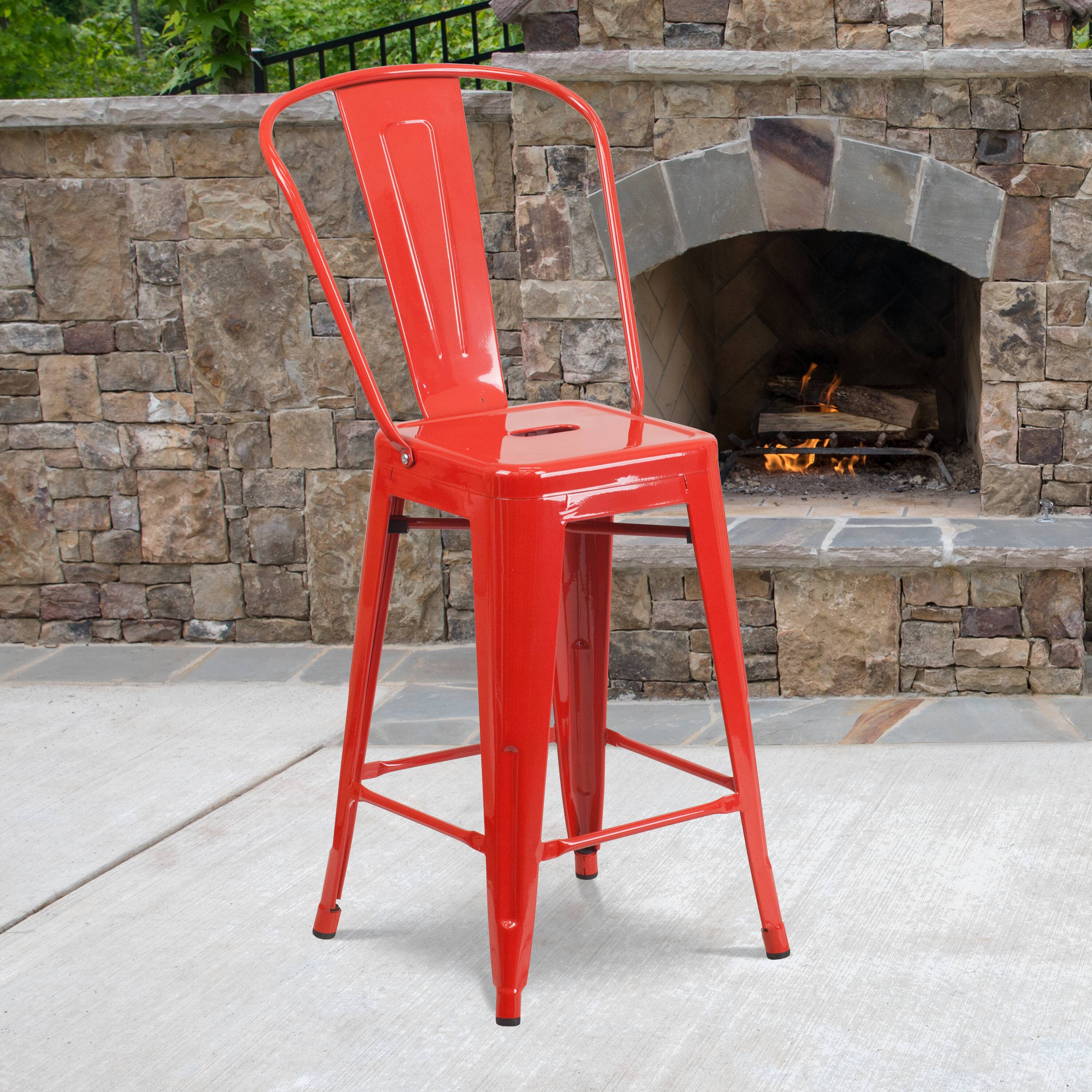Alt View 2. Emma + Oliver - Commercial Grade 4 Pack 24" High Metal Indoor-Outdoor Counter Height Stool with Back - Red.