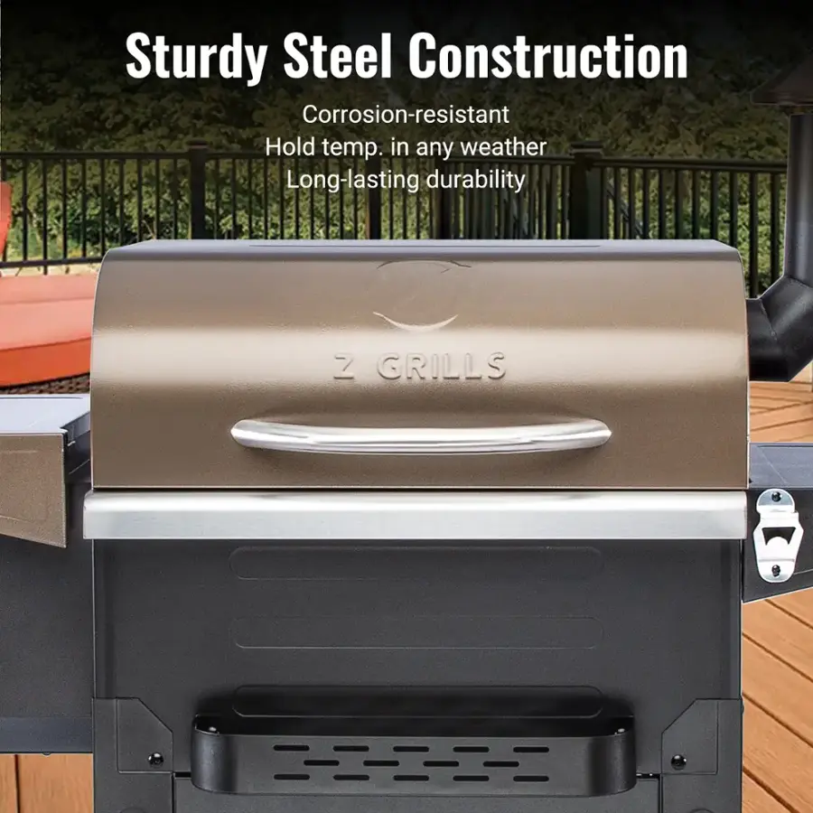 Sturdy Steel Construction, Corrosion-resistant, Hold temp. in any weather, Long-lasting durability, Z GRILLS