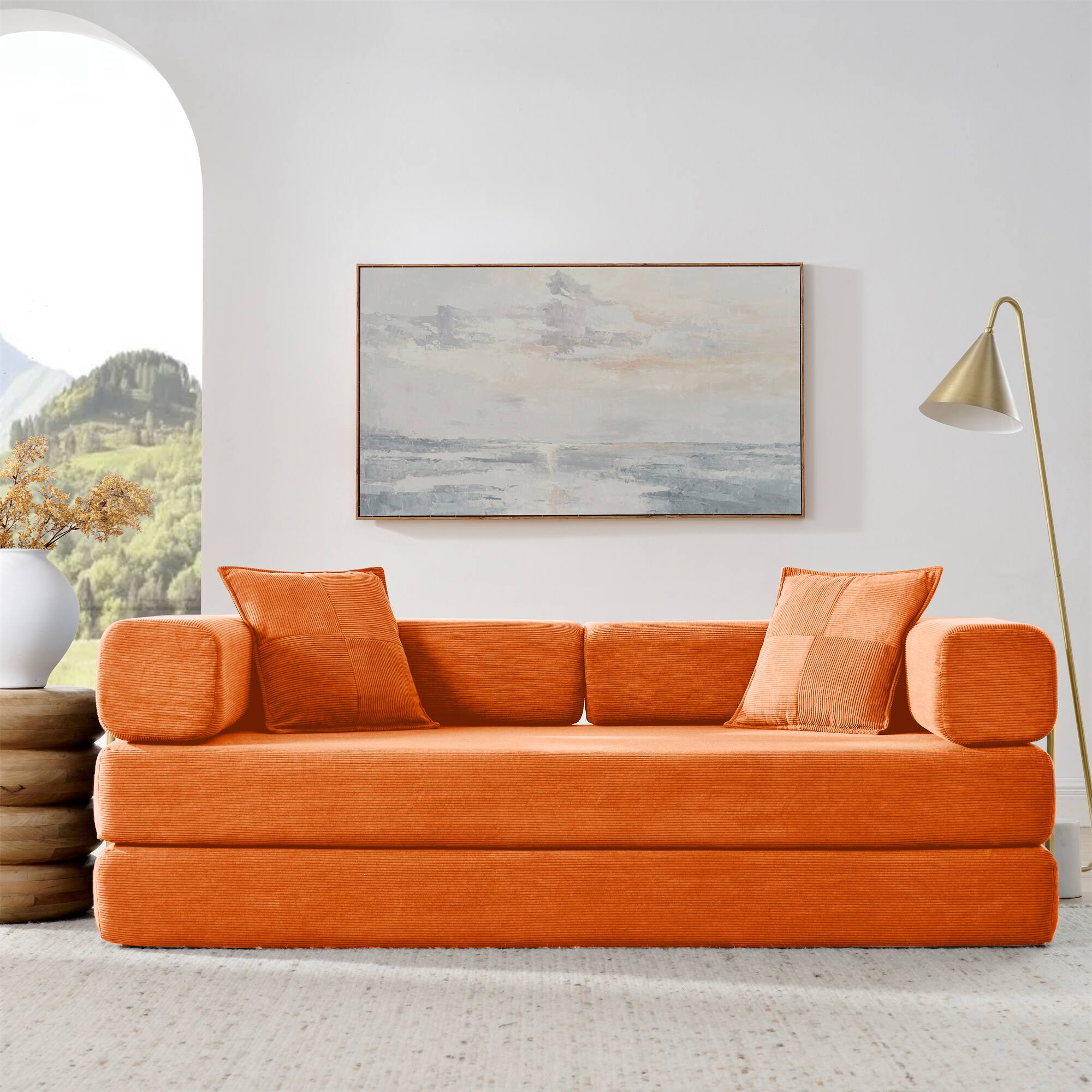 Left. Trinkets Crazed - 4-In-1 Free Combination Loveseat Convertible Sleeper Sofa Bed Floding Futon Couch Corduroy Modular Sofa Couch - Orange.