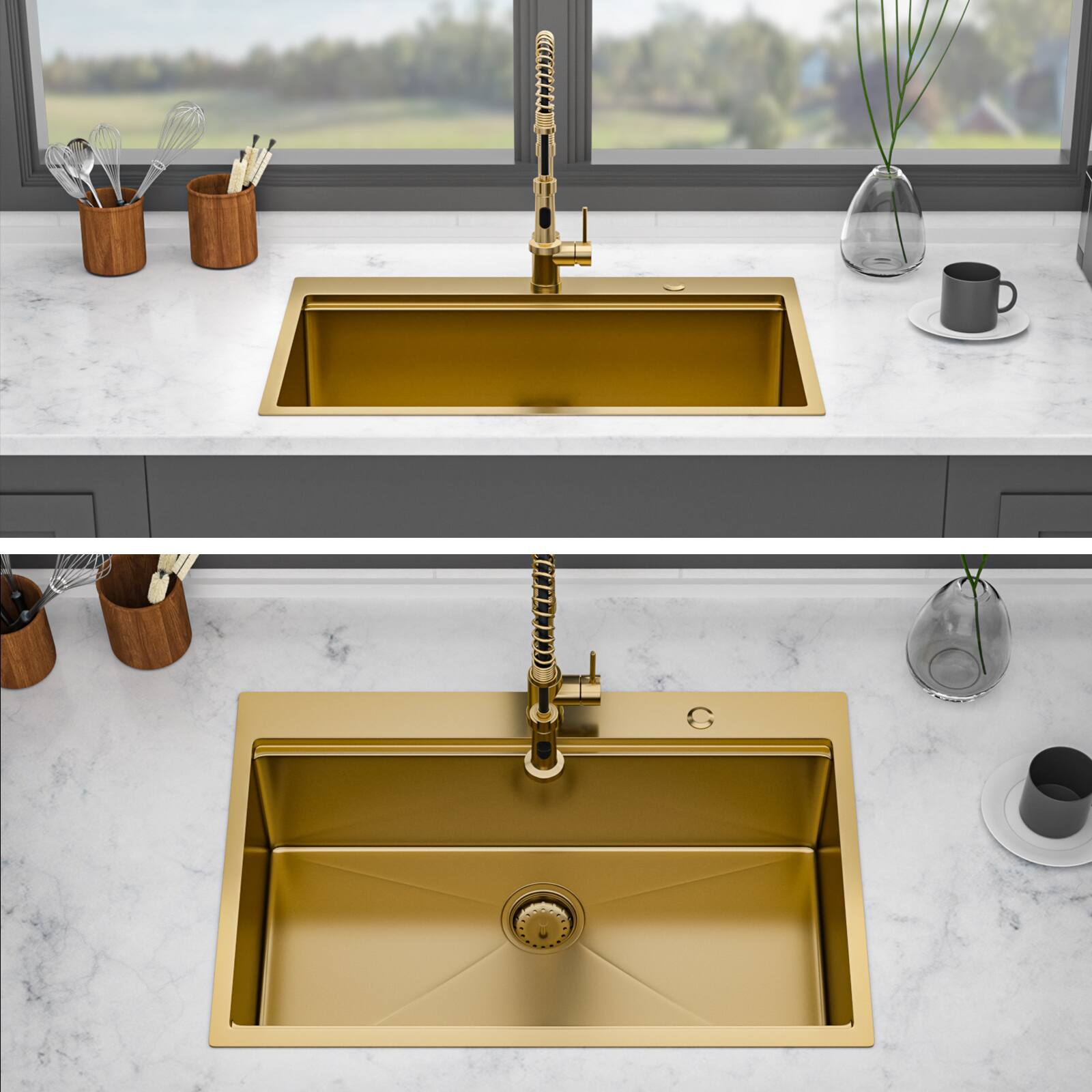 Back. APRILSOUL - 33 x 22 x 10 inch Kitchen Sink Drop-in Topmount Single Bowl 16 Gauge Stainless Steel Ledge Workstation Kitchen Sinks - Gold.