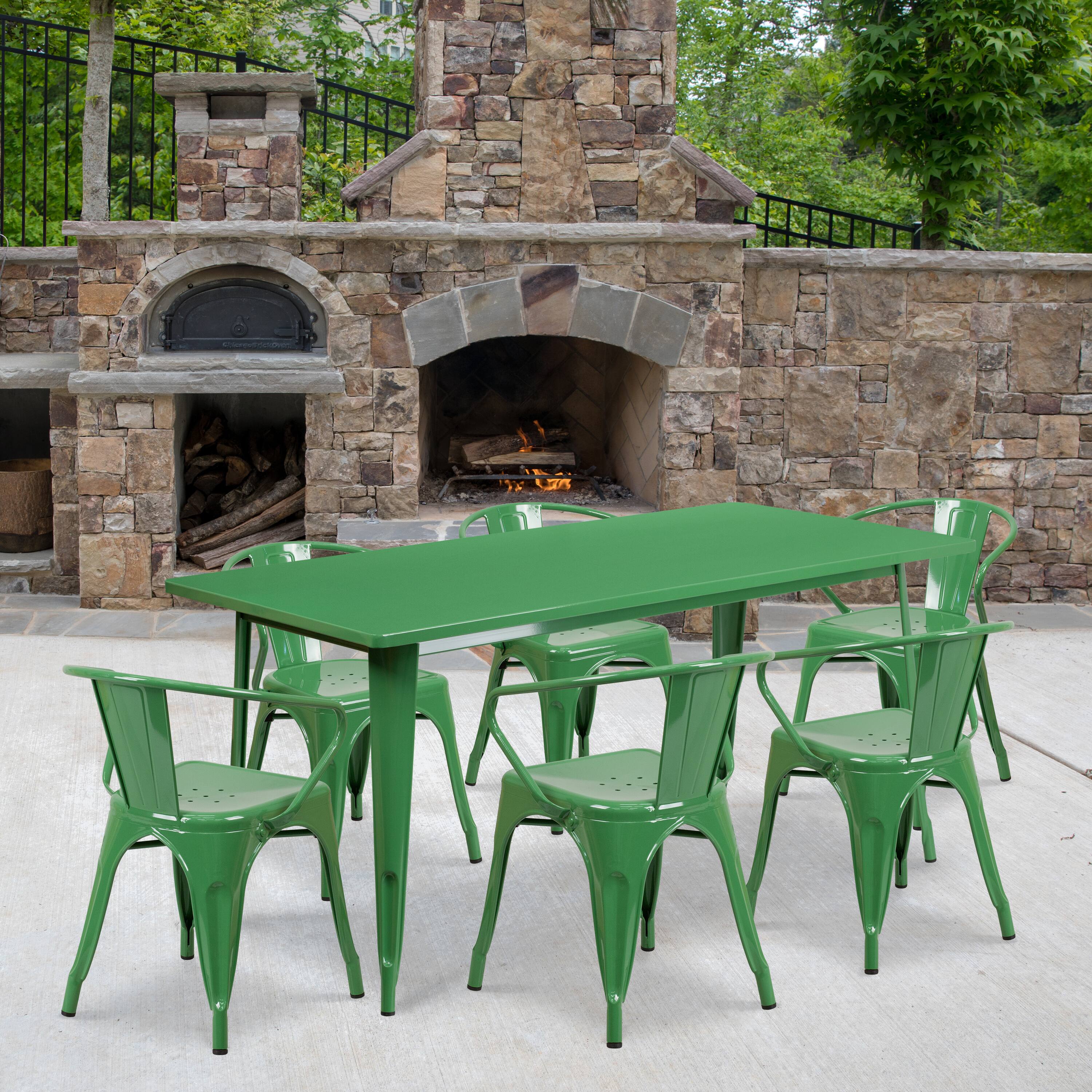 Emma + Oliver - Commercial Grade Rectangular Metal Indoor-Outdoor Table Set with 6 Arm Chairs - Green