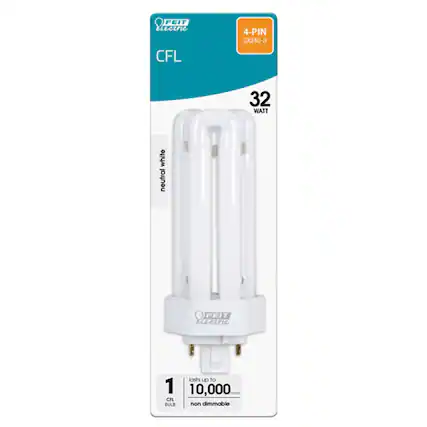 FEIT Electric CFL 4-PIN GX24q-3 32 WATT neutral white
FEIT Electric
CFL
4-PIN GX24q-3
32 WATT
neutral white
1 CFL BULB
lasts up to 10,000 hours
non dimmable
