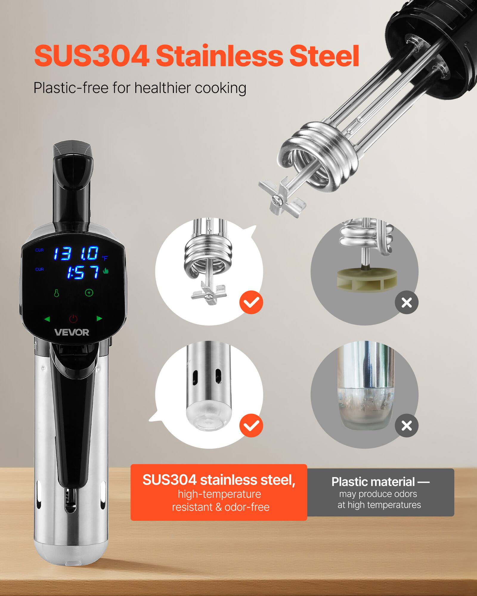 SUS304 Stainless Steel  
Plastic-free for healthier cooking

CUR 13 10 F  
1:57

VEVOR

SUS304 stainless steel, high-temperature resistant & odor-free  
Plastic material may produce odors at high temperatures