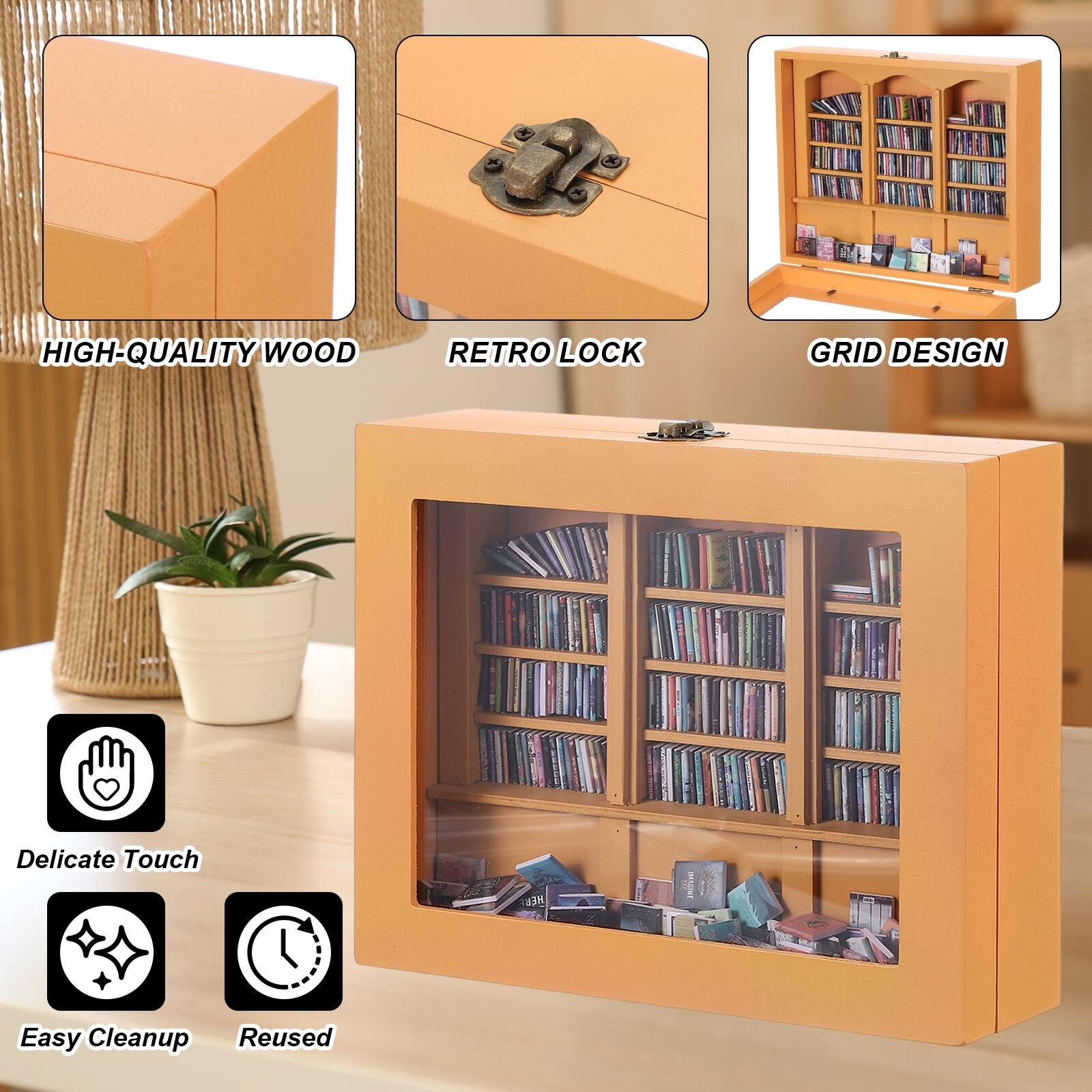 HIGH-QUALITY WOOD  
RETRO LOCK  
GRID DESIGN  

Delicate Touch  
Easy Cleanup  
Reusable