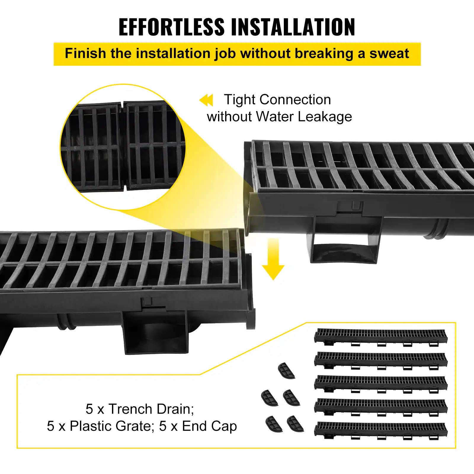 EFFORTLESS INSTALLATION  
Finish the installation job without breaking a sweat  

Tight Connection without Water Leakage  

5 x Trench Drain; 5 x Plastic Grate; 5 x End Cap
