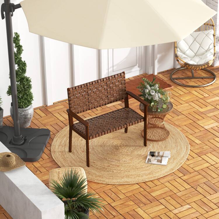 Angle. Mondawe - Outdoor Loveseat Bench with Rubber Wood Frame and Hand Woven PU Leather for Patio - Brown.