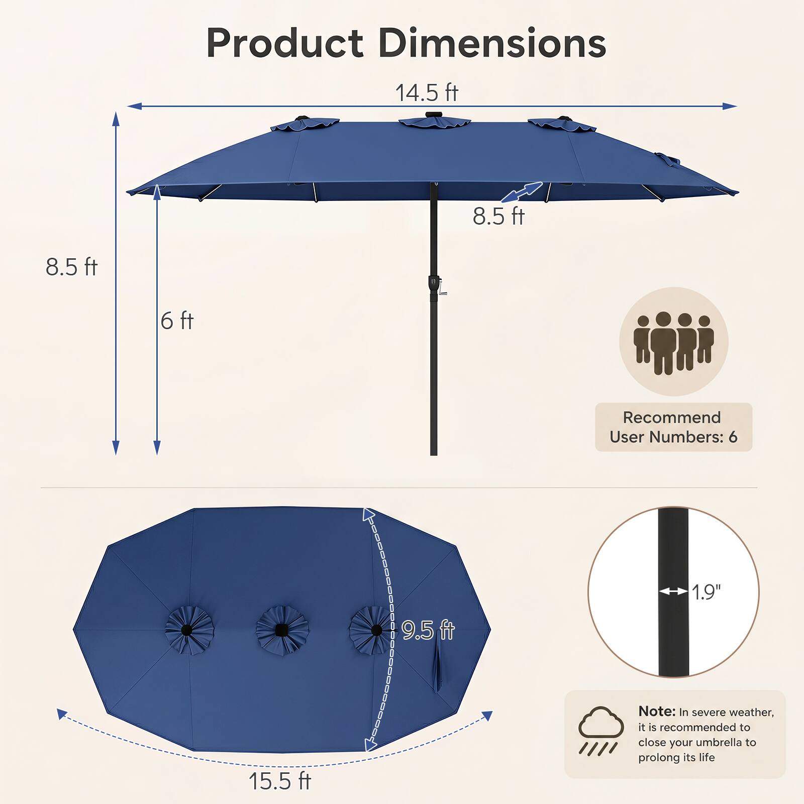 Costway 15.5 FT Extra Large Patio Umbrella with 12 Ribs 12 Light Modes ...