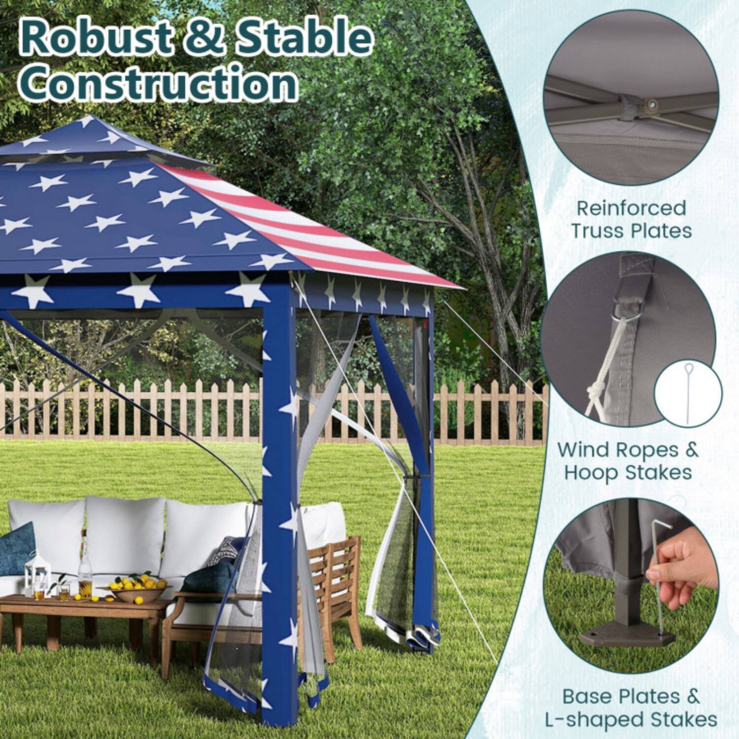 Robust & Stable Construction

- Reinforced Truss Plates
- Wind Ropes & Hoop Stakes
- Base Plates & L-shaped Stakes