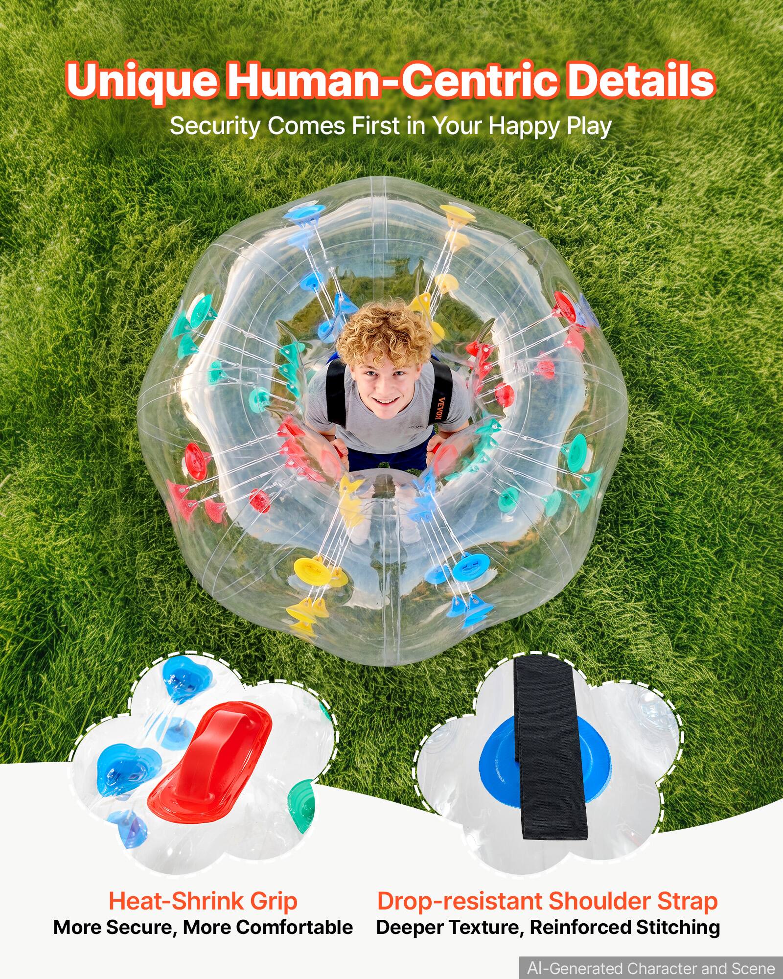 Unique Human-Centric Details  
Security Comes First in Your Happy Play  

VEVOX  

Heat-Shrink Grip  
More Secure, More Comfortable  

Drop-resistant Shoulder Strap  
Deeper Texture, Reinforced Stitching  

AI-Generated Character and Scene
