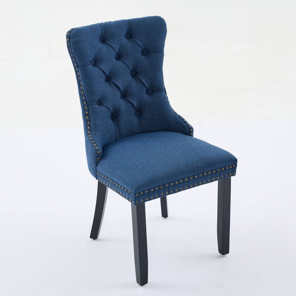 Back. Loheer - Loheer Blue Linen Dining Chairs Set of 2 Tufted Upholstered High Back Solid Wood Legs Nailhead Trim Modern Contemporary - Blue.