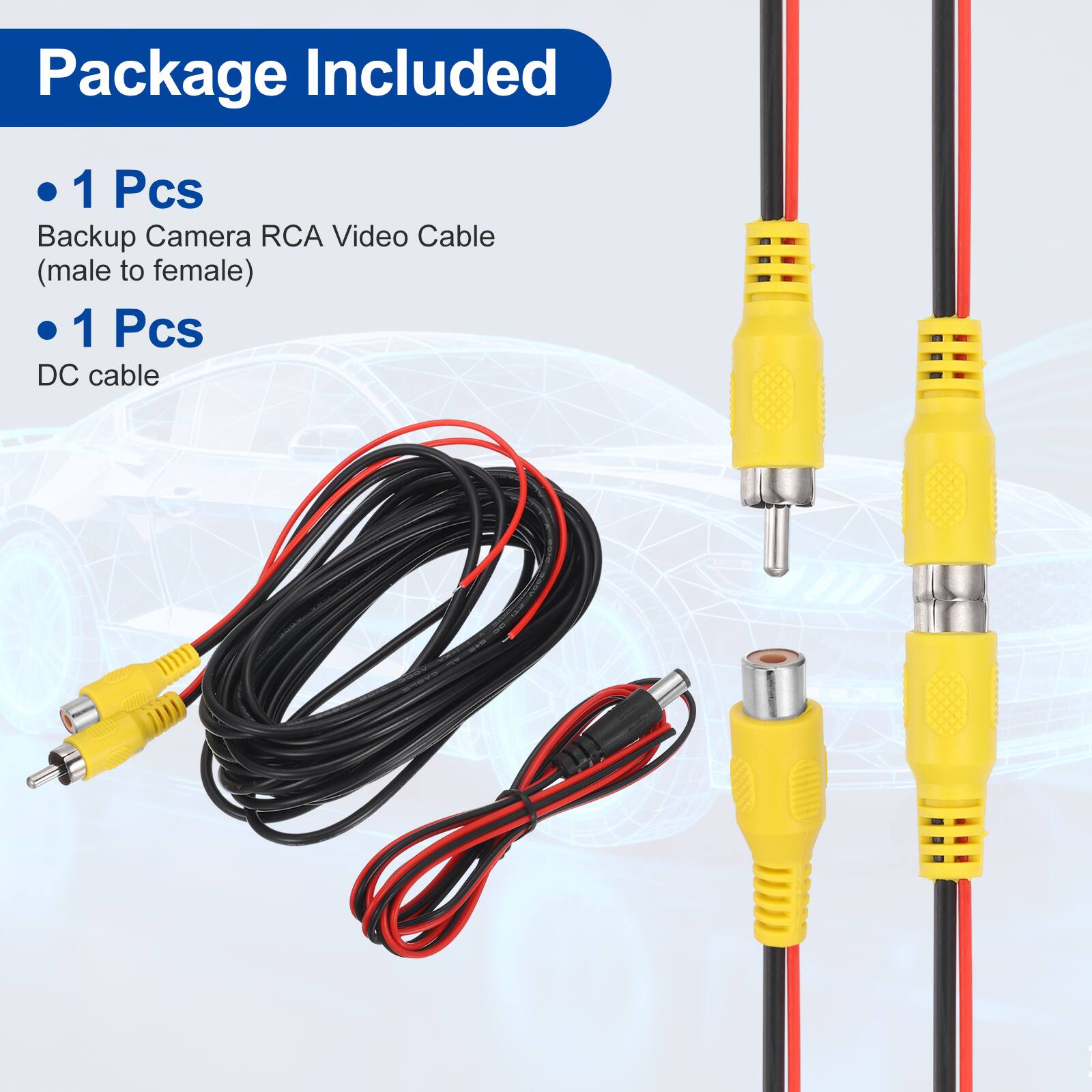 Package Included

- 1 Pcs Backup Camera RCA Video Cable (male to female)
- 1 Pcs DC cable