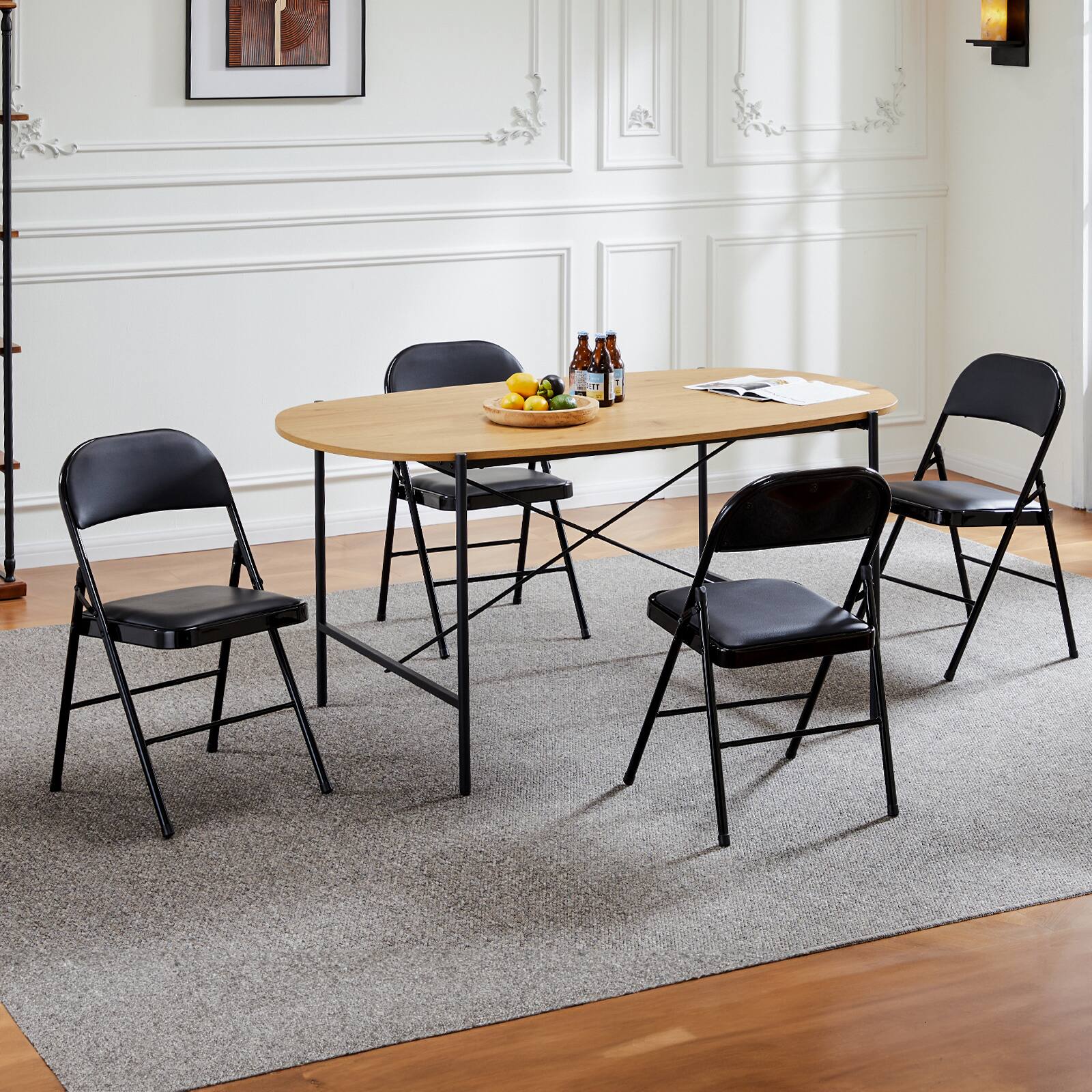 Alt View 1. Sweetcrispy - 4 Pcs Black Portable Folding Chairs with Metal Frame and PU Leather Padded Seat, Stackable Chairs for Indoor/Outdoor Use - Black.