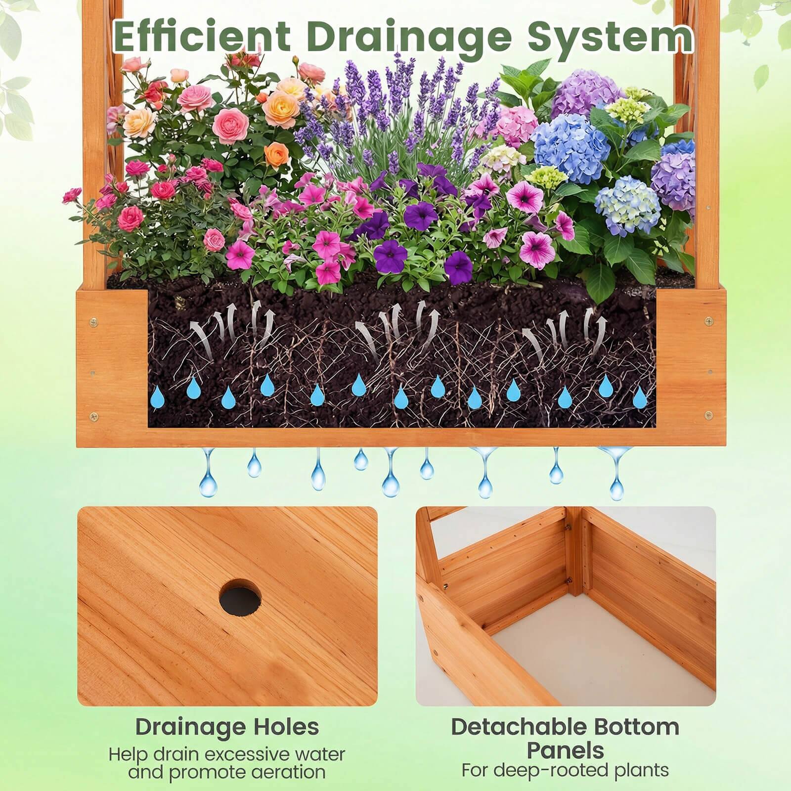 Efficient Drainage System

Drainage Holes
Help drain excessive water and promote aeration

Detachable Bottom Panels
For deep-rooted plants