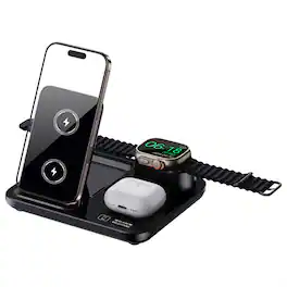 RISOKEYS - 3-in-1 Motorized Foldable Desktop Wireless Charging Stand for iPhone, AirPods & Apple Watch - Fast MagSafe Charger Dock - Black