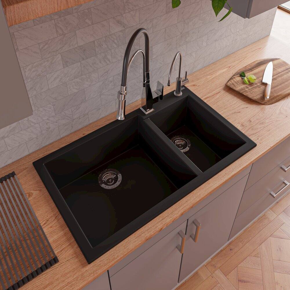 Alt View 1. Alfi - ALFI brand Black 34 Double Bowl Drop In Granite Composite Kitchen Sink - Black.