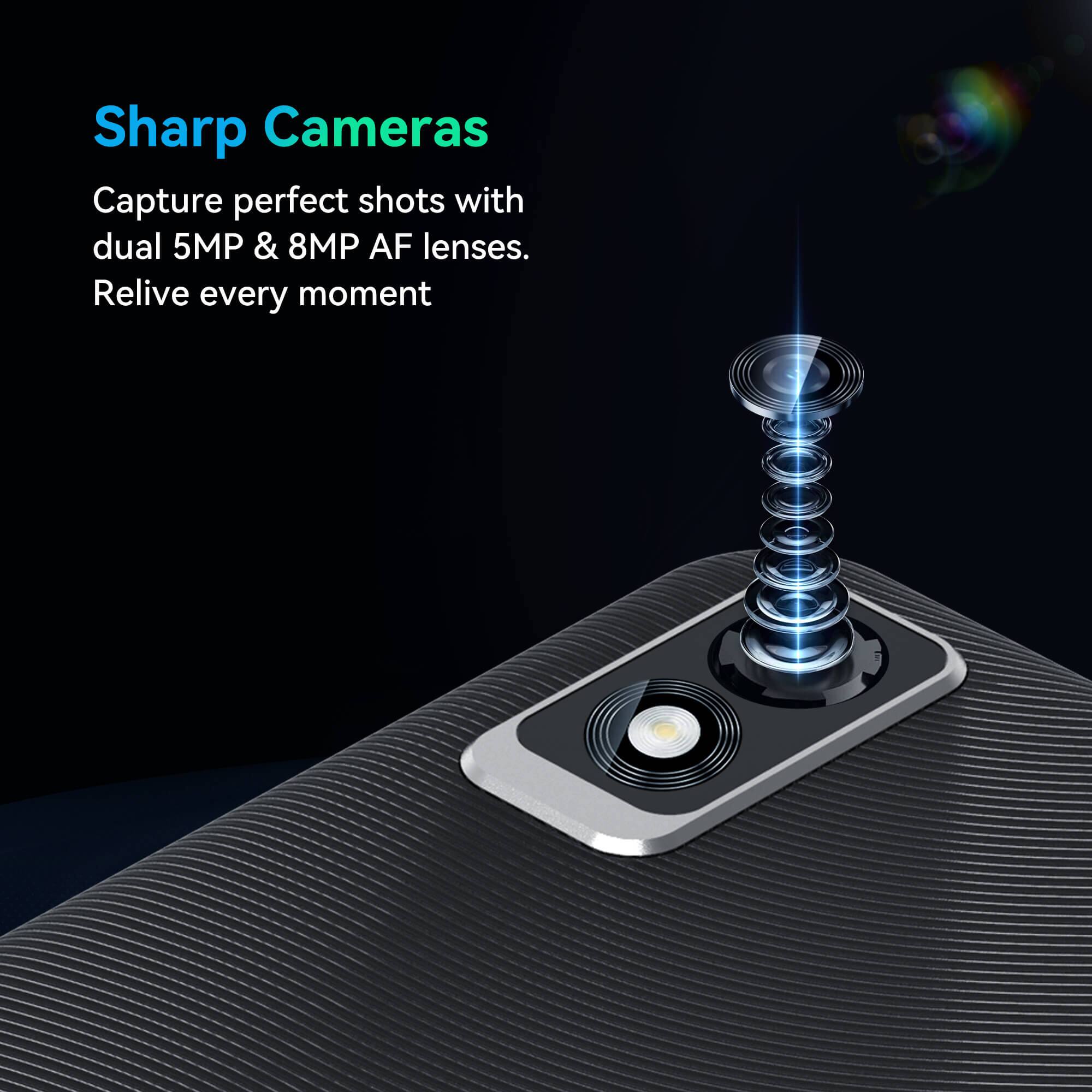 Sharp Cameras Capture perfect shots with dual 5MP & 8MP AF lenses. Relive every moment
