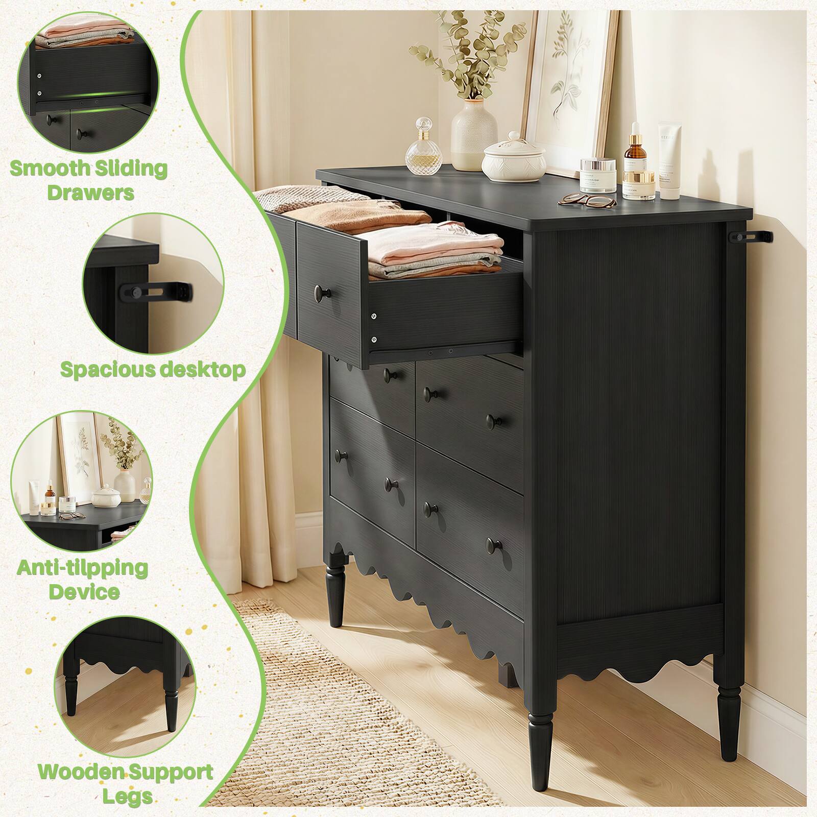 Smooth Sliding Drawers  
Spacious desktop  
Anti-tilting Device  
Wooden Support Legs