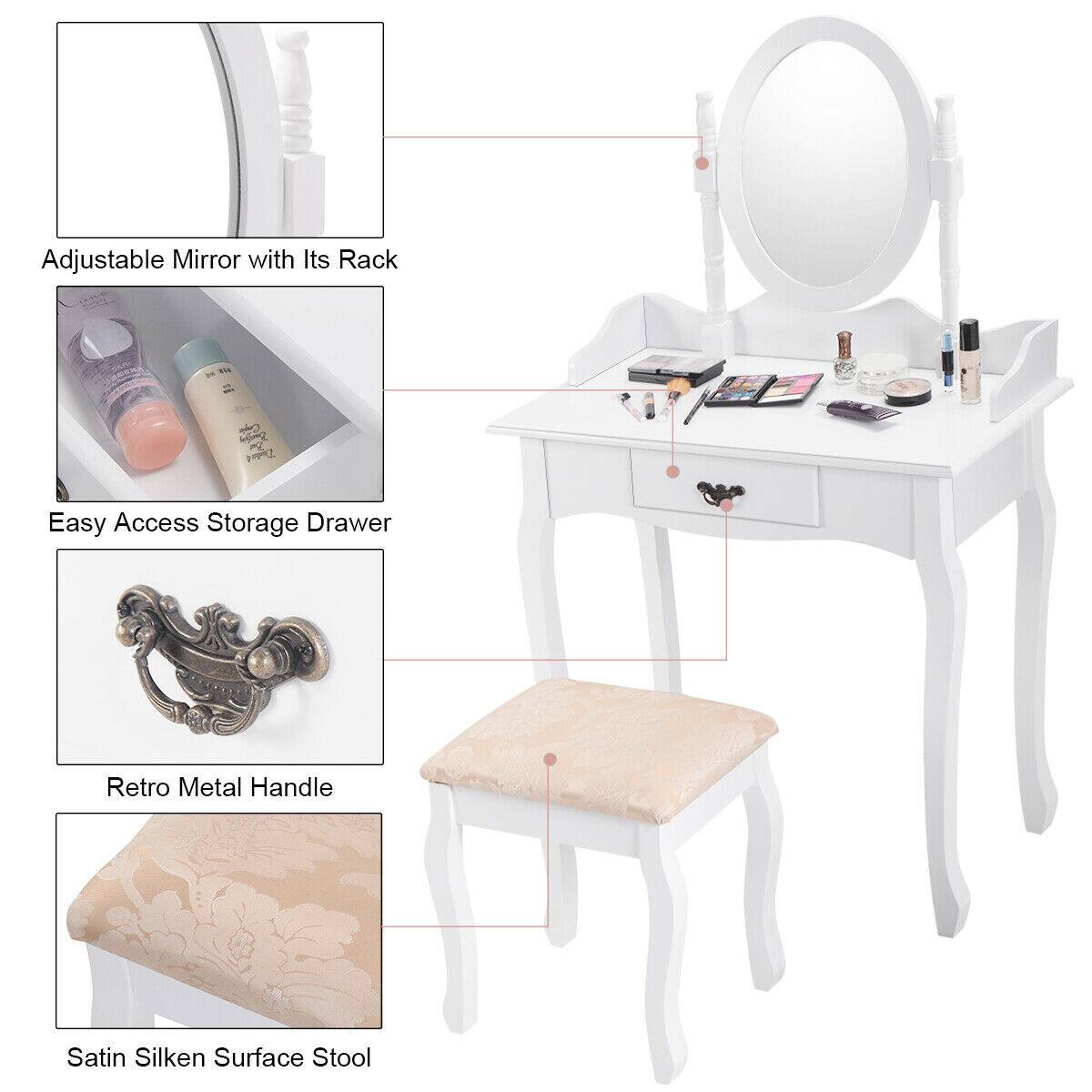 Adjustable Mirror with Its Rack, Easy Access Storage Drawer, Retro Metal Handle, Satin Silken Surface Stool