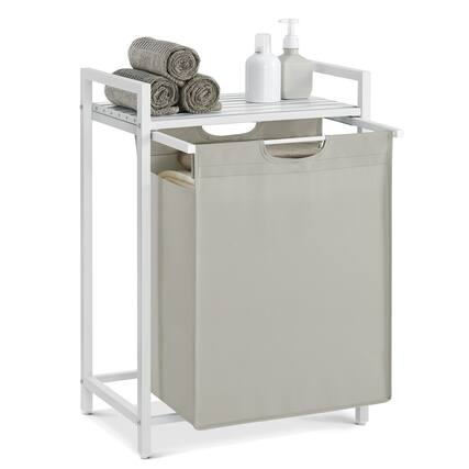 Front. Songmics Home - Laundry Basket, Laundry Hamper, Pull-Out and Removable Laundry Bag, Shelf, Metal Frame, 65L, 50 x 33 x 72 cm - White.