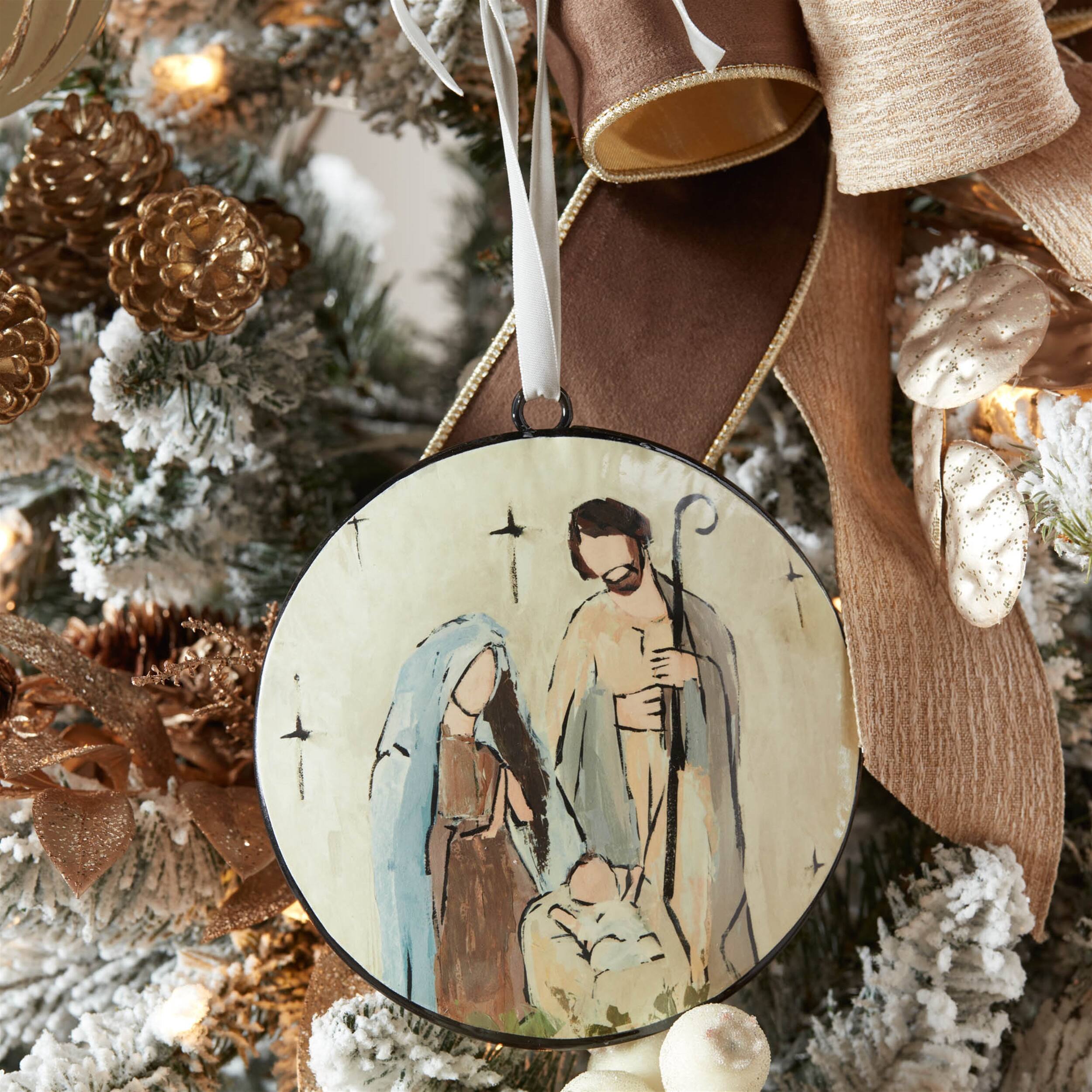 Angle. BreeBe - Holy Family Disc Ornament (Set of 12) - Beige, Brown, Blue.