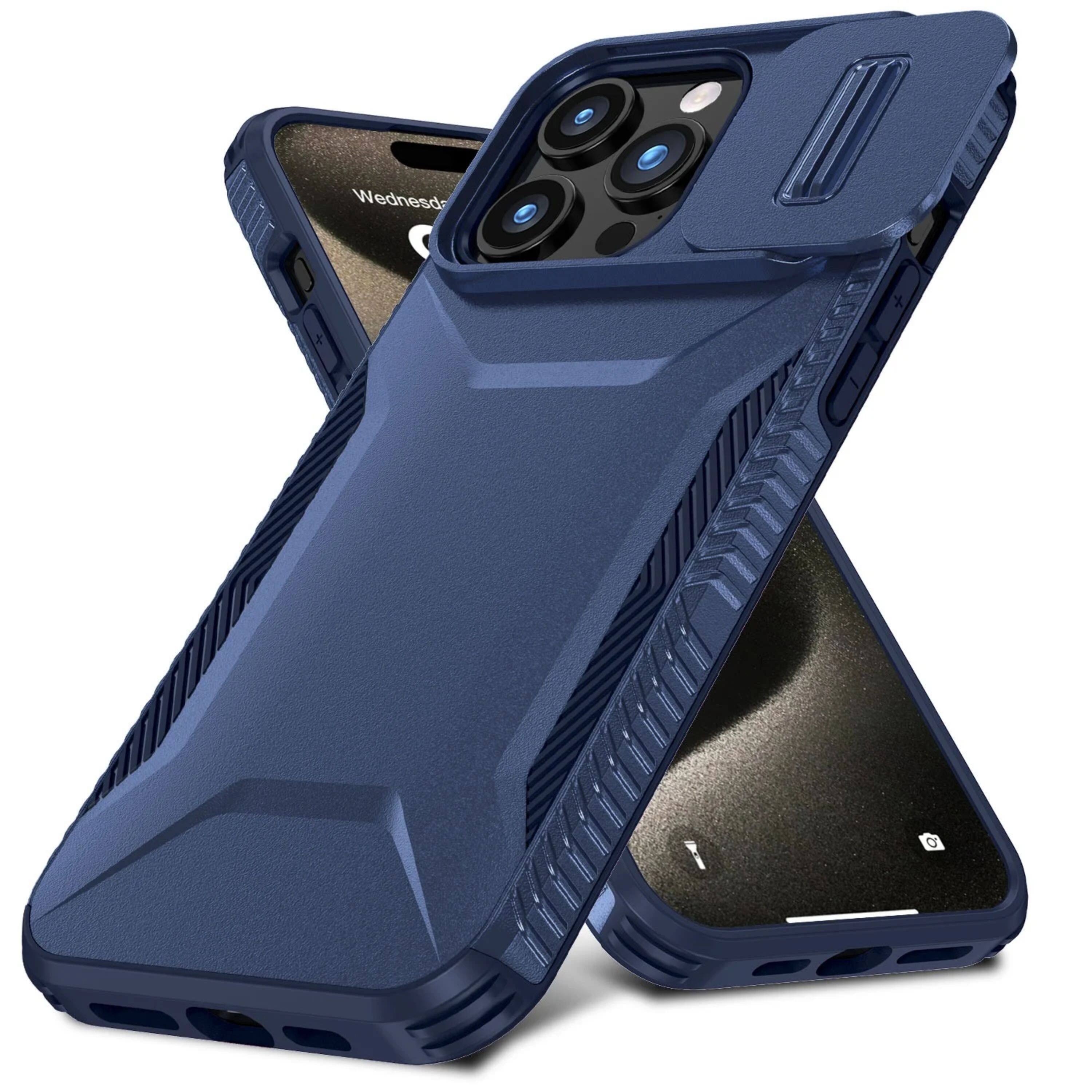 Left. Kitcheniva - Rugged Sliding Lens Cover Case With Tempered Glass For iPhone 15 Pro Max Dark Blue - Dark Blue.
