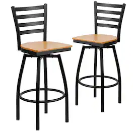 Emma + Oliver - 2 Pack Ladder Back Swivel Metal Barstool - Natural Wood Seat/Black Metal Frame