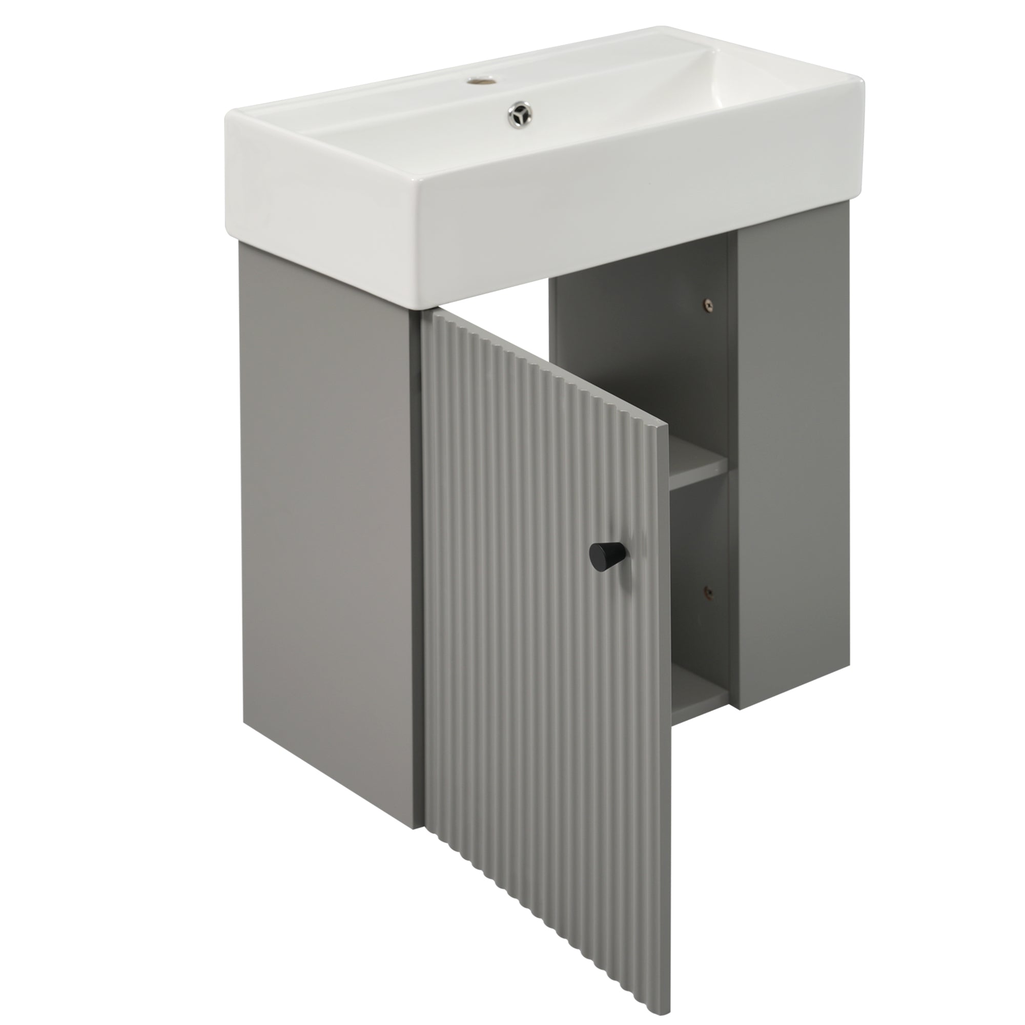 Left. Boyel Living - 21.6 Inch Gray Bathroom Vanity with Ceramic Sink Right Side Storage Soft Close Door MDF Cabinet Wall Mounted - Gray.