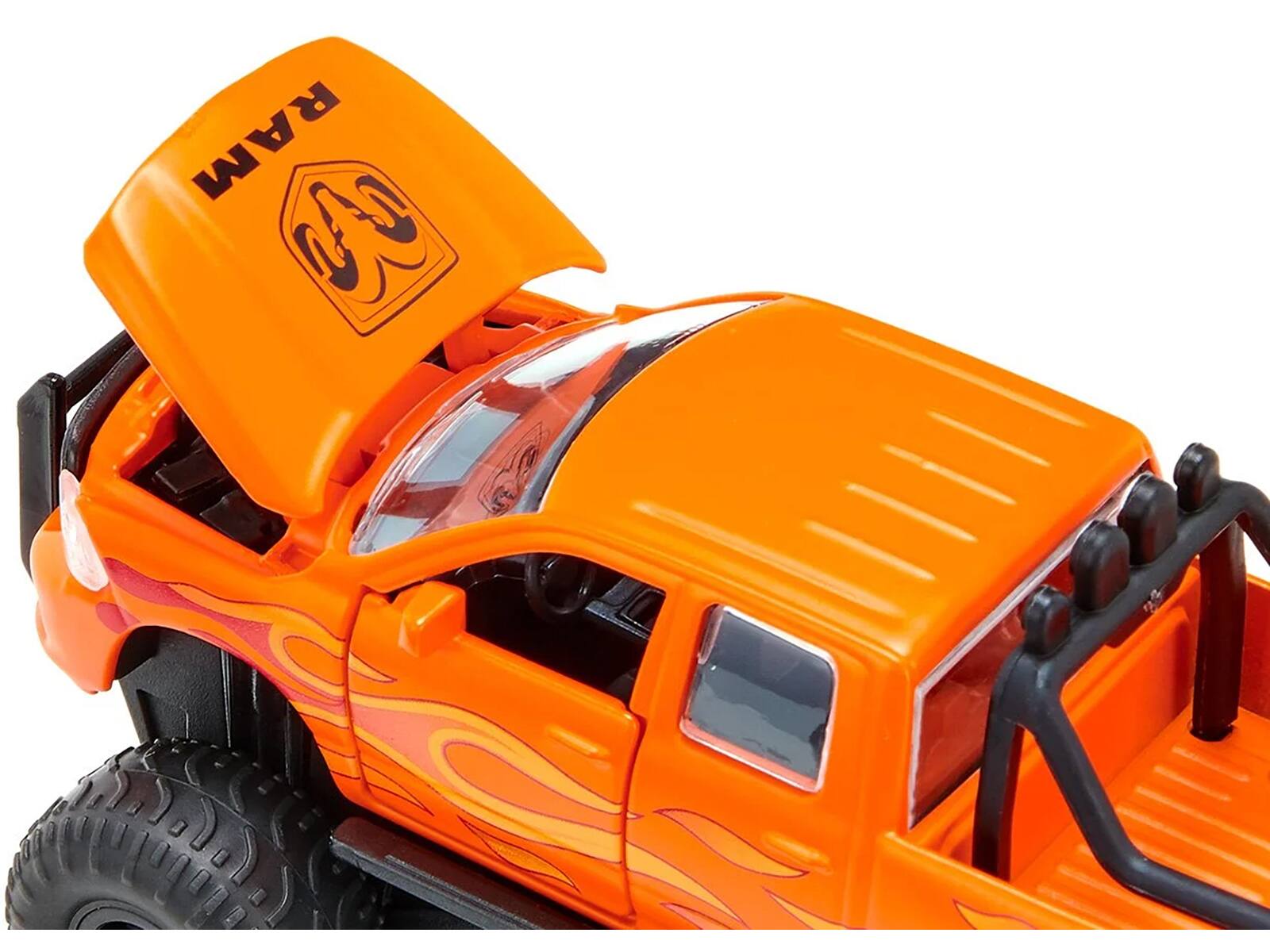 Left. SIKU - Ram 1500 Pickup Truck Lifted with Balloon Tires Orange with Flames 1/50 Diecast Model by Siku - Orange.