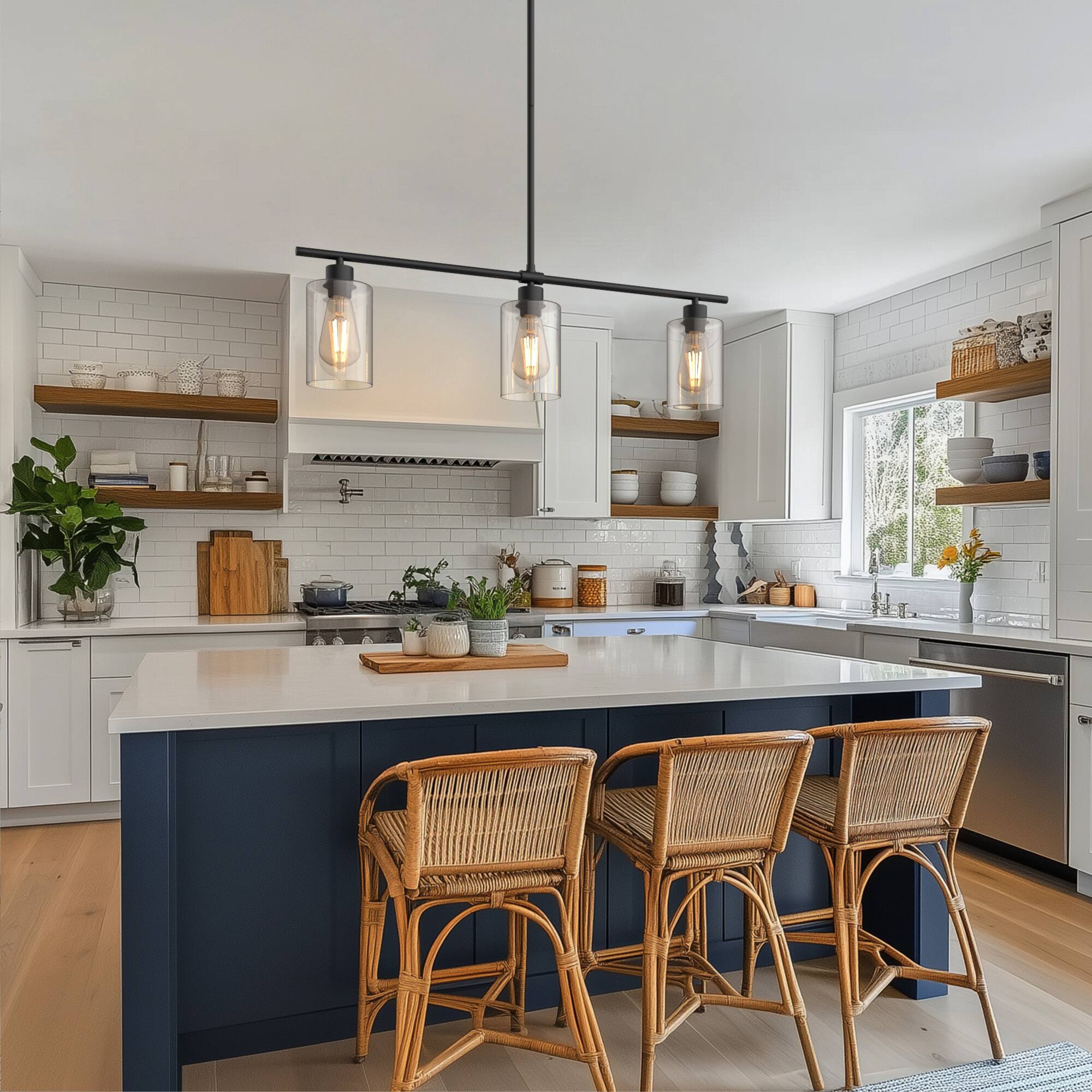 Left. Jandcase - JANDCASE 3-Light Black Island Pendant Light, Glass Shades, E26 Socket, Non-Integrated Bulbs, for Kitchen - Black.