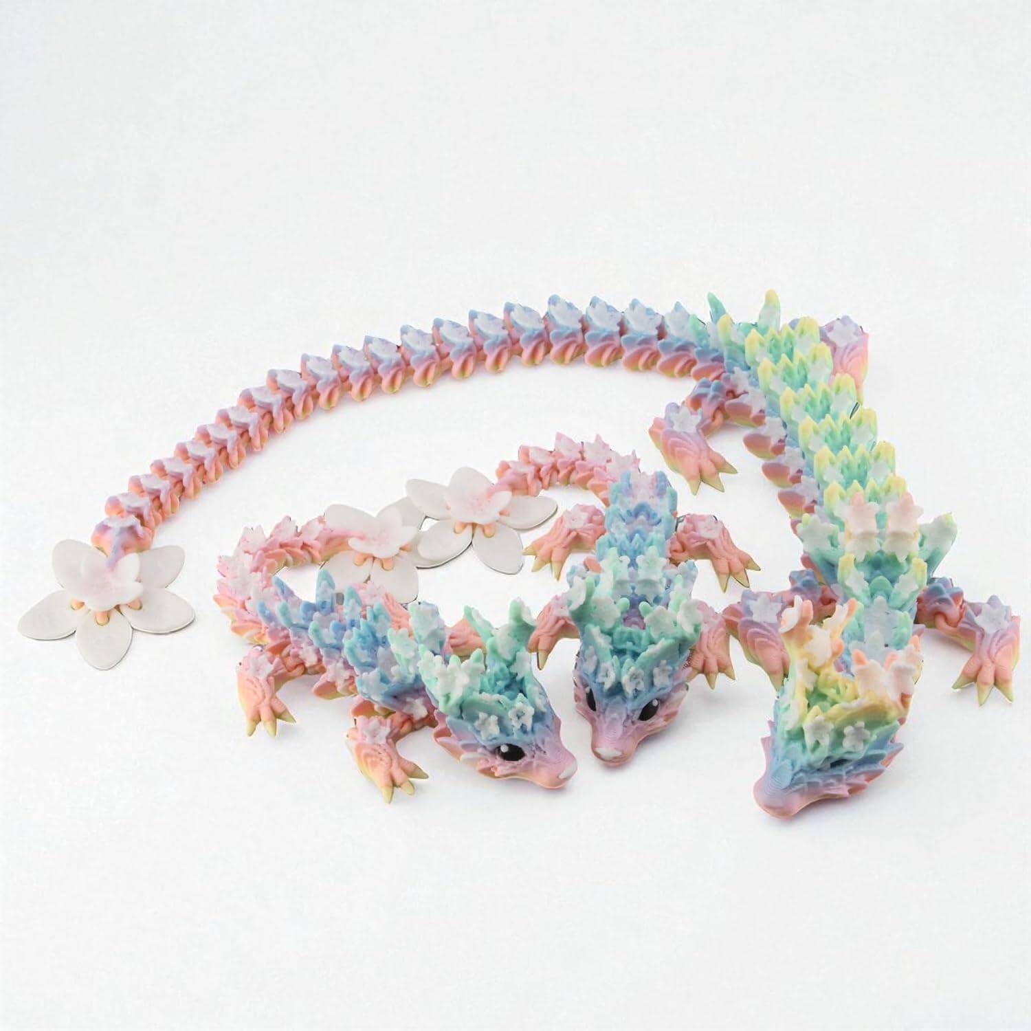 Front. JuzToys - 3D Printed Dragon Family Set, 1 Adult Blossom Dragon 2 Baby Dragons Articulated Fantasy Figurines by PowerTRC - Multicolored.