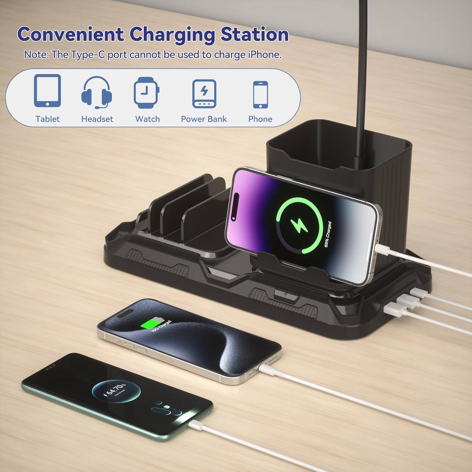 Convenient Charging Station

Note: The Type-C port cannot be used to charge iPhone.

Tablet Headset Watch Power Bank Phone

69% aep 200 64.70%