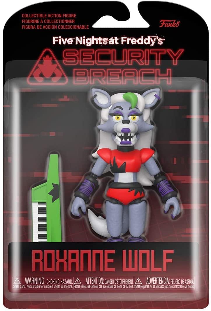 COLLECTIBLE ACTION FIGURE  
FIGURINE À COLLECTIONNER  
FIGURA DE ACCIÓN COLECCIONABLE  

Five Nights at Freddy's  
SECURITY BREACH  

ROXANNE WOLF  

WARNING: CHOKING HAZARD.  
ATTENTION: DANGER D'ÉTOUFFEMENT.  
ADVERTENCIA: PELIGRO DE ASFIXIA  

Small parts. Not suitable for children under 36 months.  
Petites pièces. Ne convient pas aux enfants de moins de 36 mois.  
Partes pequeñas. No es adecuado para niños menores de 36 meses.