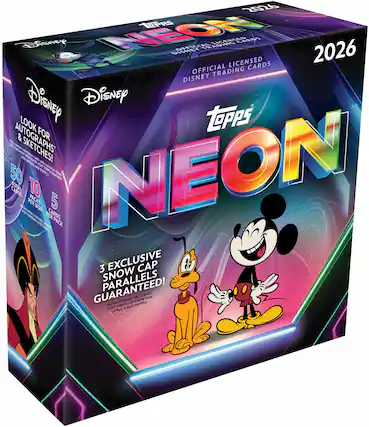 2026 Disney Topps Neon Official Licensed Disney Trading Cards 2026
Look for Autographs & Sketches!
50 Cards Per Box
10 Packs Per Box
5 Cards Per Pack
3 Exclusive Snow Cap Parallels Guaranteed!
No Purchase Necessary. For Details and Entry, Visit Topps.com
Disney Neon