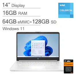 HP - 14 14" HD Laptop - Intel Celeron with 16GB Memory - 192GB Storage - IST SDCard - Win 11 Home in S Mode - White