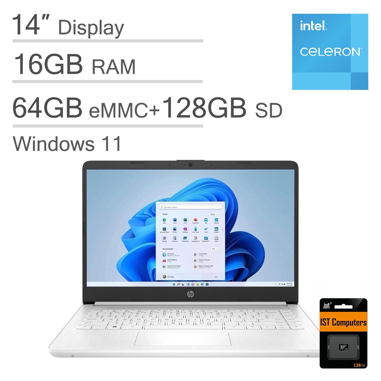 HP - 14 14" HD Laptop - Intel Celeron with 16GB Memory - 192GB Storage - IST SDCard - Win 11 Home in S Mode - White