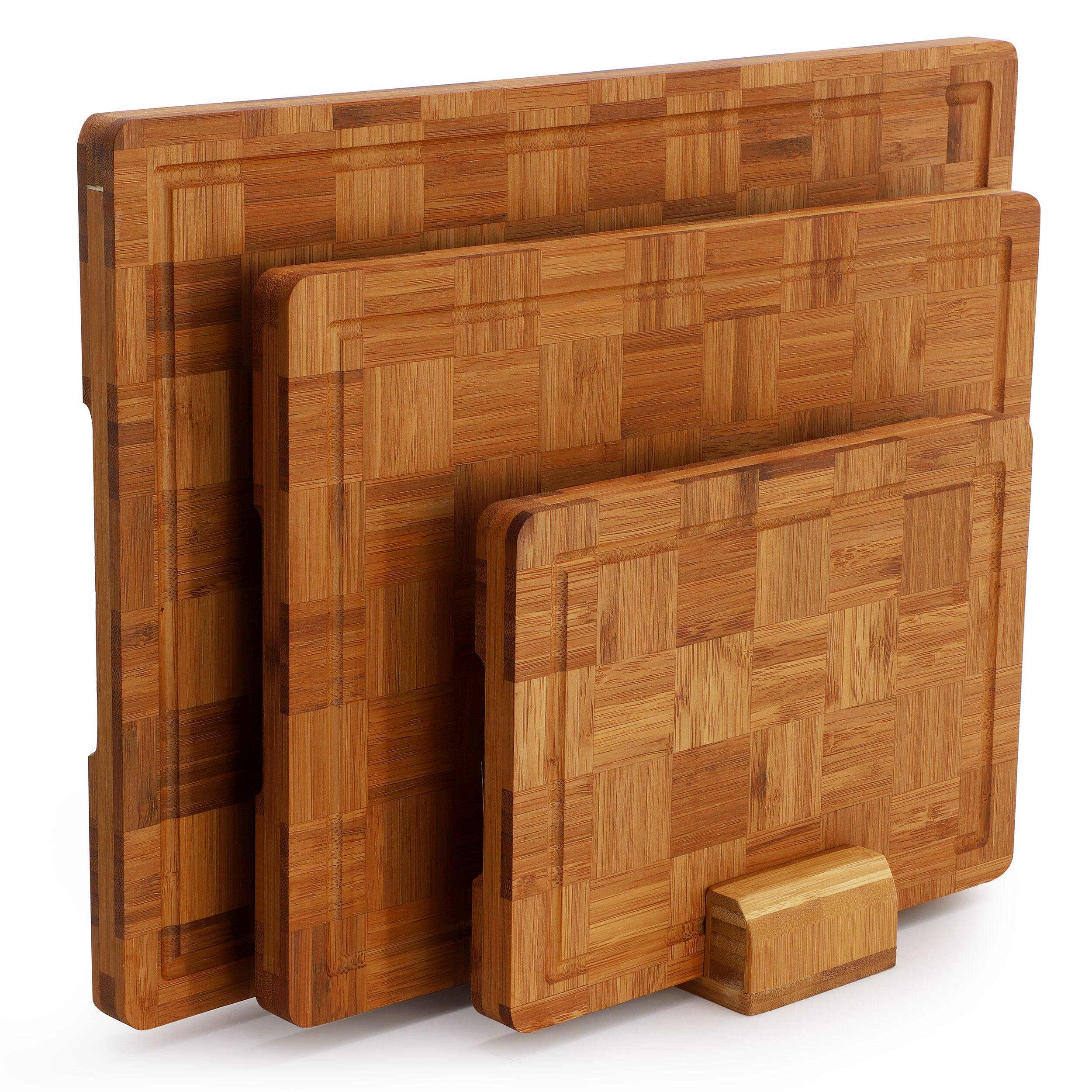 Left. MegaChef - MegaChef 3 Piece Bamboo Checkered Pattern Cutting Board Set with Storage Holder - Brown.