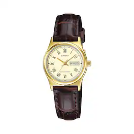 Casio - Women’s Gold-Tone Case Leather Strap Day/Date Watch - LTP-V006GL-9BUDF - Brown