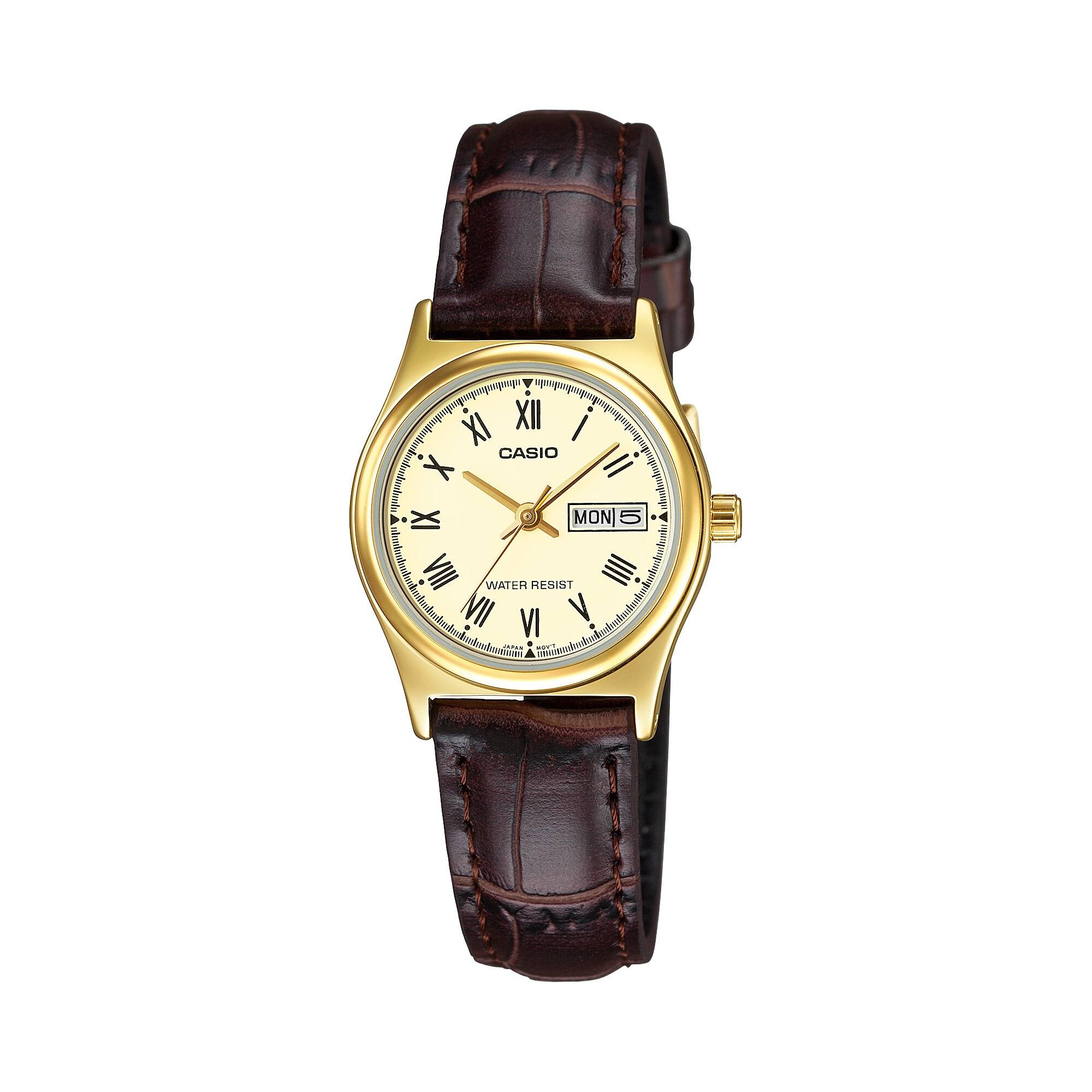 Casio - Women’s Gold-Tone Case Leather Strap Day/Date Watch - LTP-V006GL-9BUDF - Brown