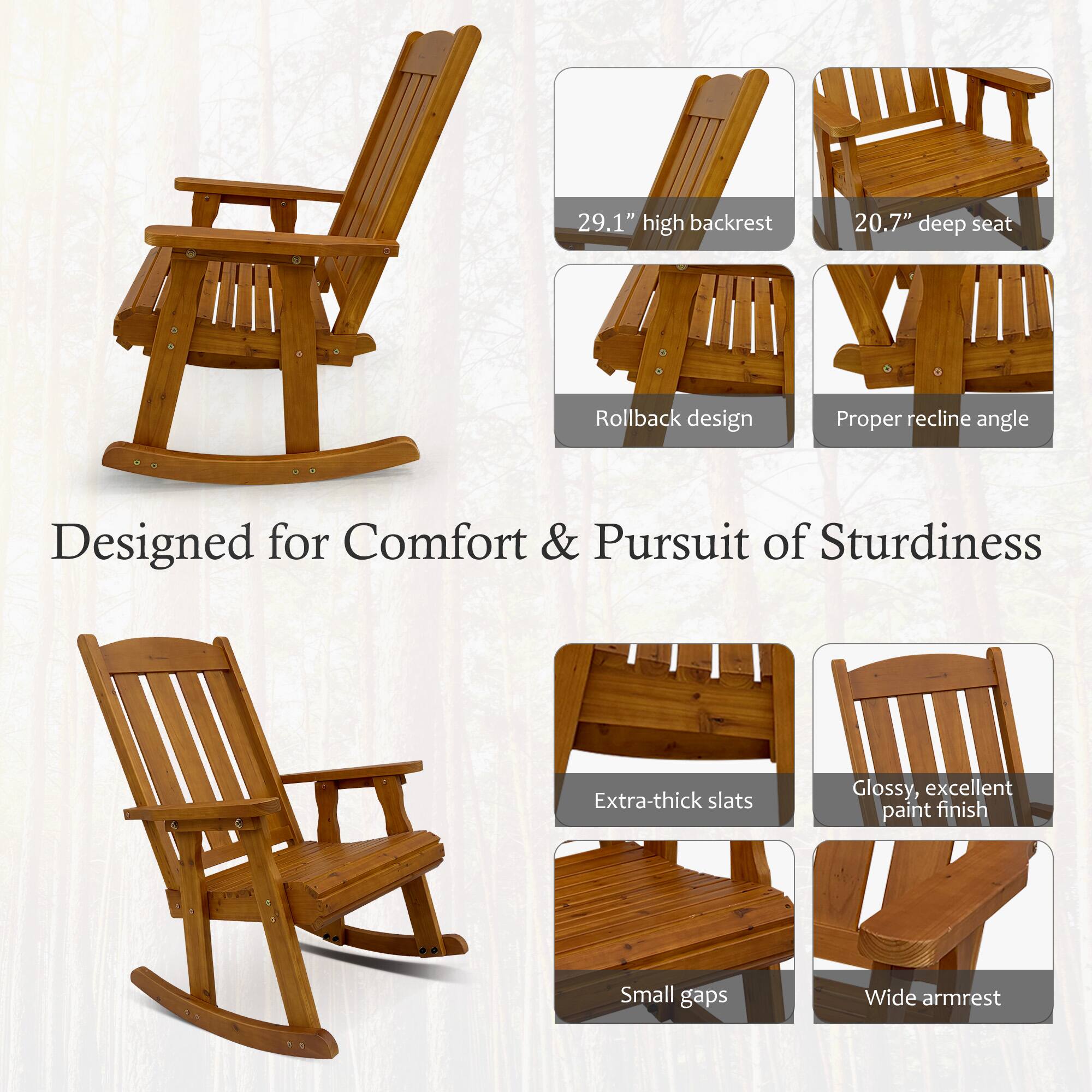 29.1" high backrest  
20.7" deep seat  
Rollback design  
Proper recline angle  
Designed for Comfort & Pursuit of Sturdiness  
Extra-thick slats  
Glossy, excellent paint finish  
Small gaps  
Wide armrest