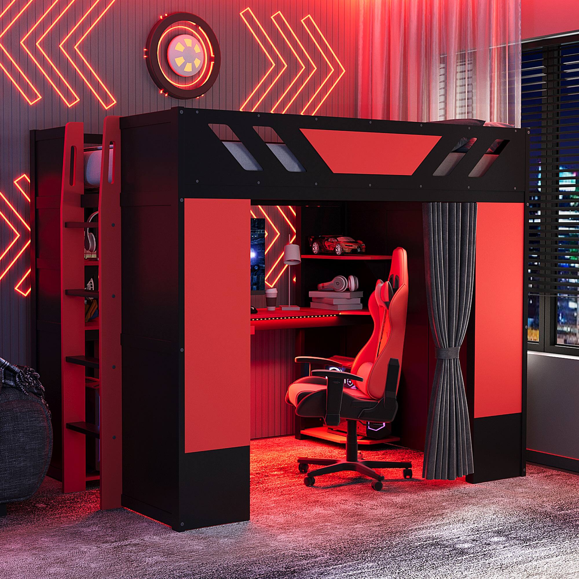 Front. Anysun - Full Size Wood Loft Bed with,Shelves,Blackout Curtains,and RGB Lights - Red.