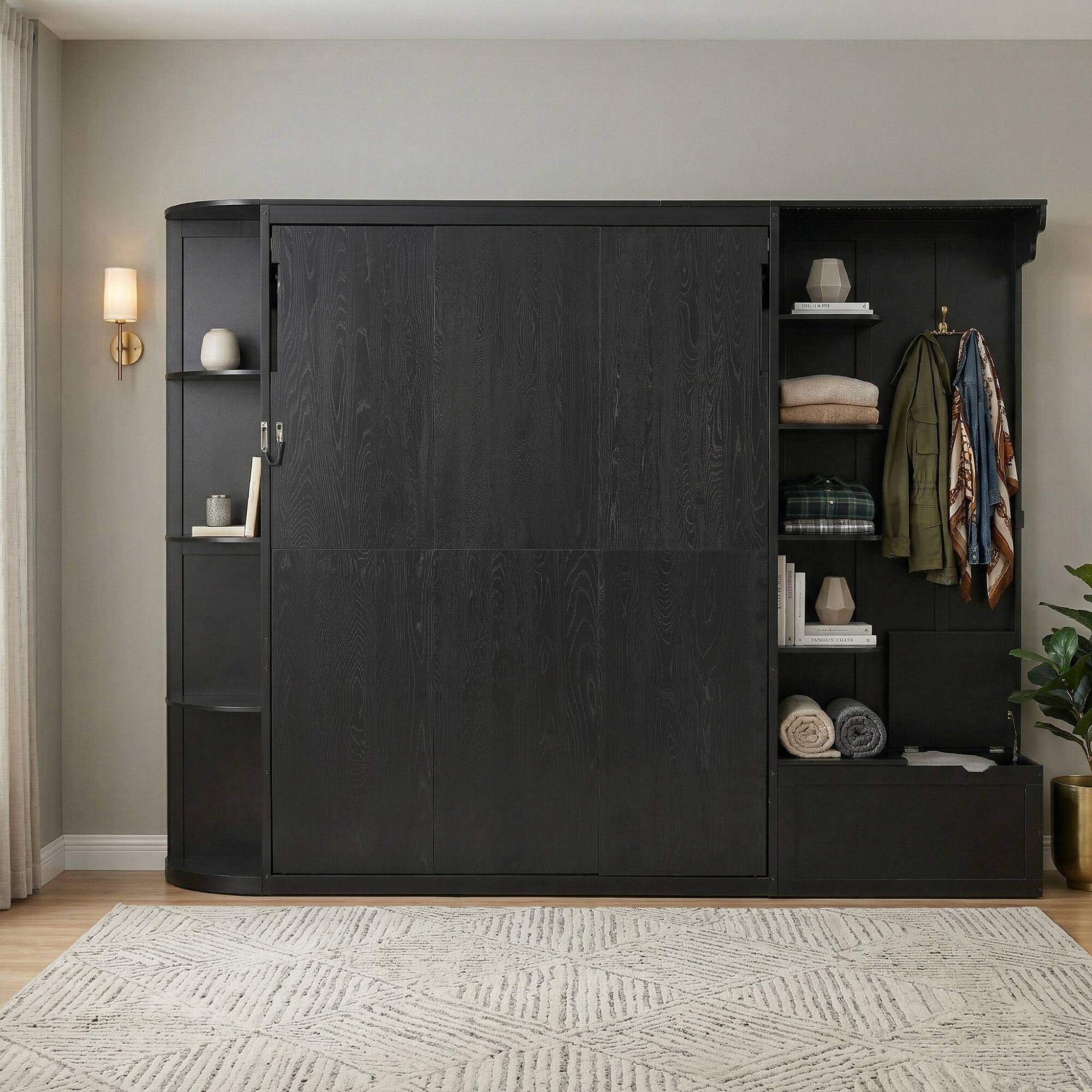 Left. Whisen - Queen Murphy Bed with Desk Storage & LED Lights, Space-Saving Wall Bed for Guest Room & Home Office - Black.