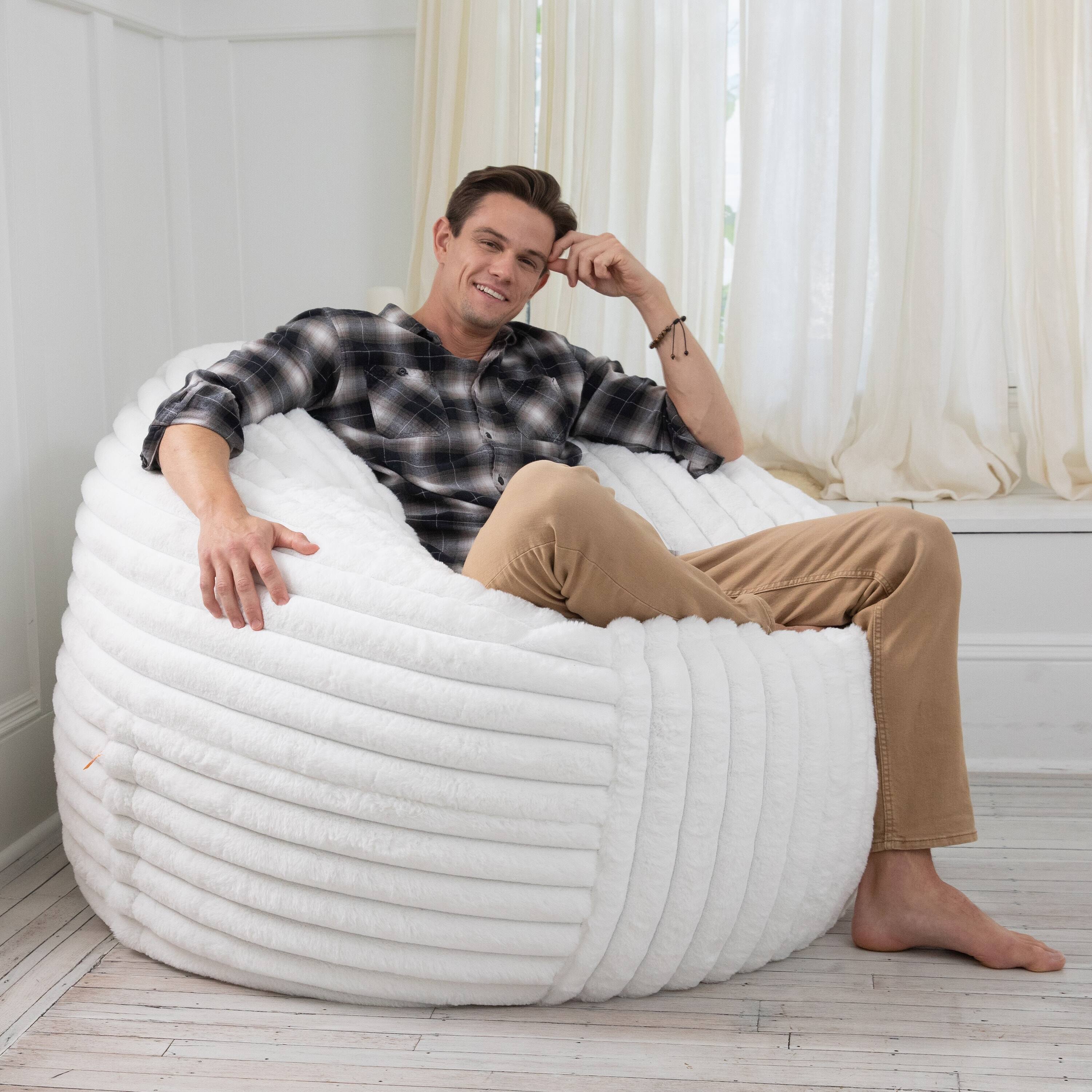 Angle. Jaxx - Jaxx 5 Foot Saxx Bean Bag Chair for Adults - Luxe Faux Fur, Mondo Ivory - Mondo Ivory.