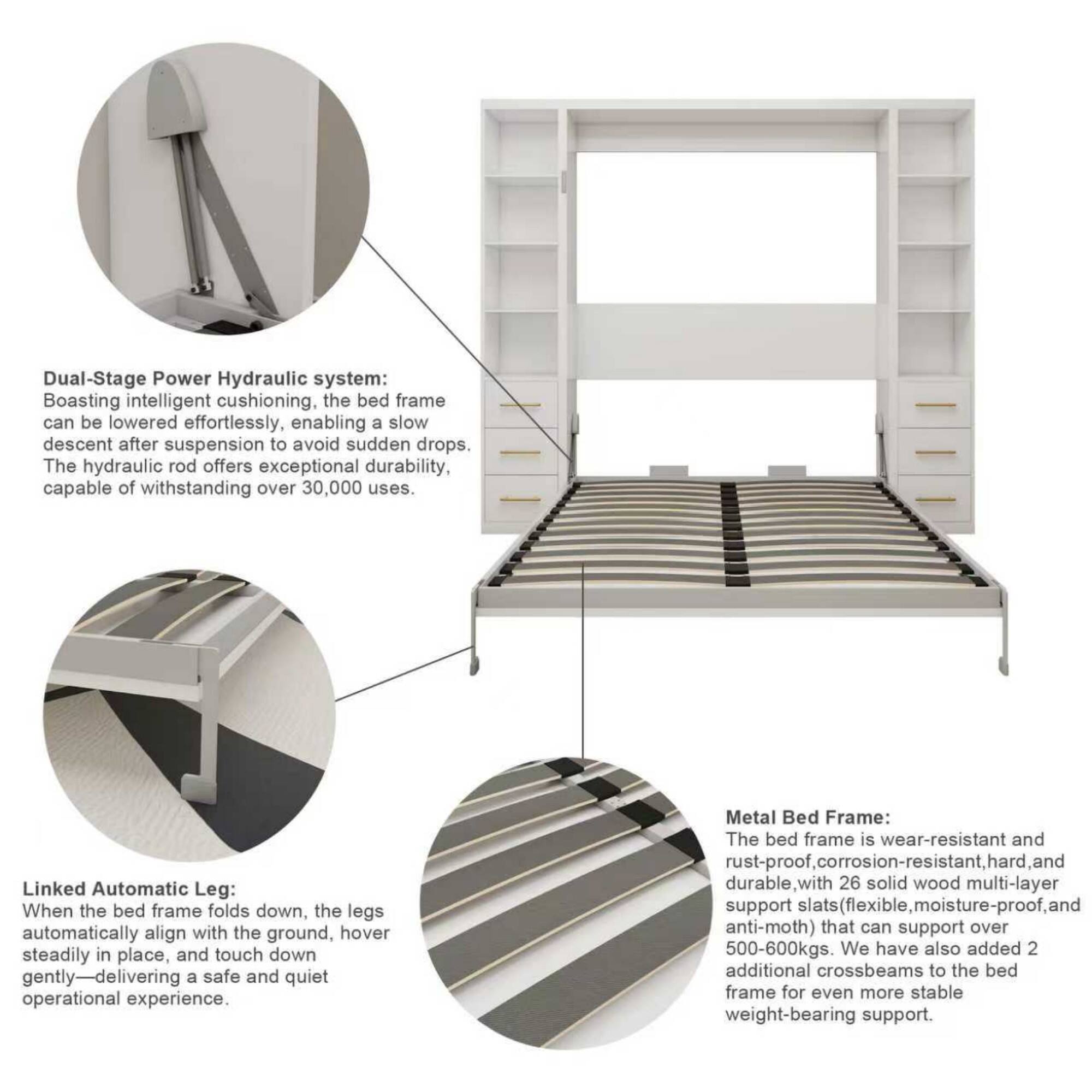Dual-Stage Power Hydraulic System:  
Boasting intelligent cushioning, the bed frame can be lowered effortlessly, enabling a slow descent after suspension to avoid sudden drops. The hydraulic rod offers exceptional durability, capable of withstanding over 30,000 uses.

Linked Automatic Leg:  
When the bed frame folds down, the legs automatically align with the ground, hover steadily in place, and touch down gently—delivering a safe and quiet operational experience.

Metal Bed Frame:  
The bed frame is wear-resistant and rust-proof, corrosion-resistant, hard, and durable, with 26 solid wood multi-layer support slats (flexible, moisture-proof, and anti-moth) that can support over 500-600kgs. We have also added 2 additional crossbeams to the bed frame for even more stable weight-bearing support.