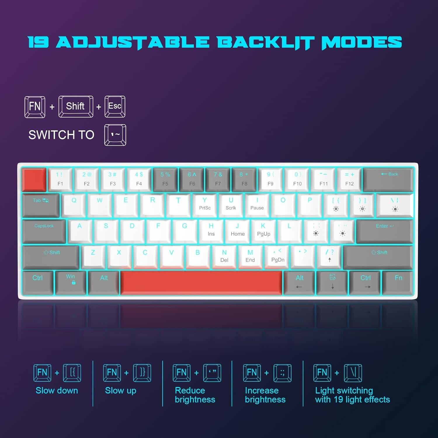MageGee 60% Mechanical Gaming Keyboard,Mixed Color Keycaps with Red ...