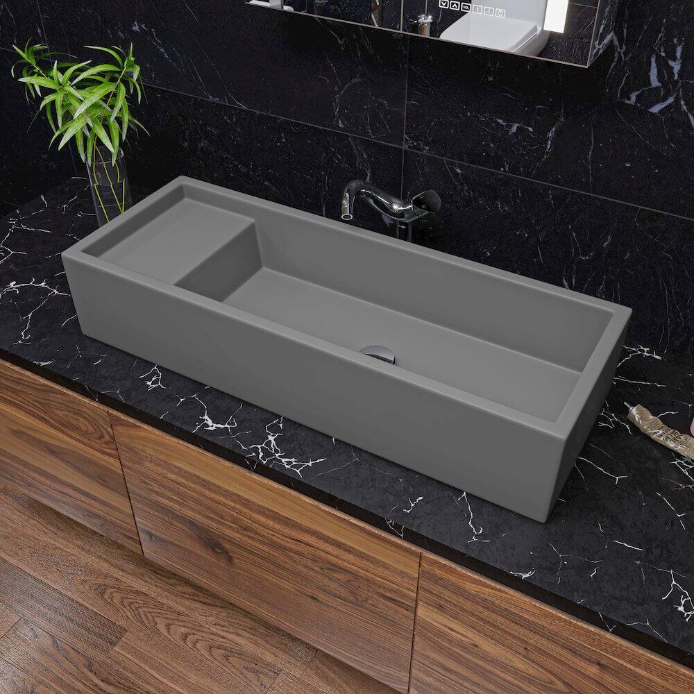 Angle. Alfi - 39" Grey Matte Above Mount Fireclay Bathroom Trough Sink - Gray.