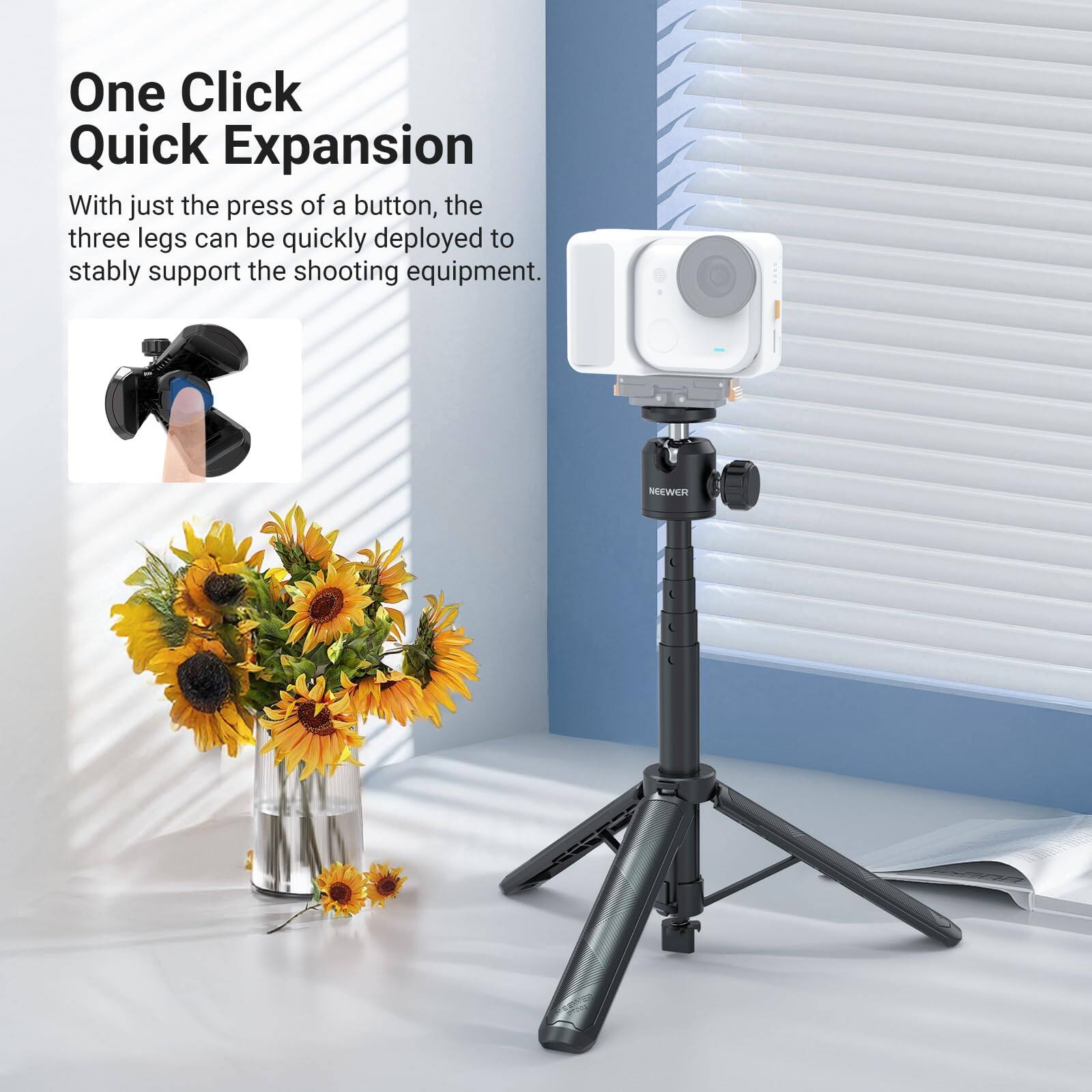 One Click Quick Expansion

With just the press of a button, the three legs can be quickly deployed to stably support the shooting equipment.